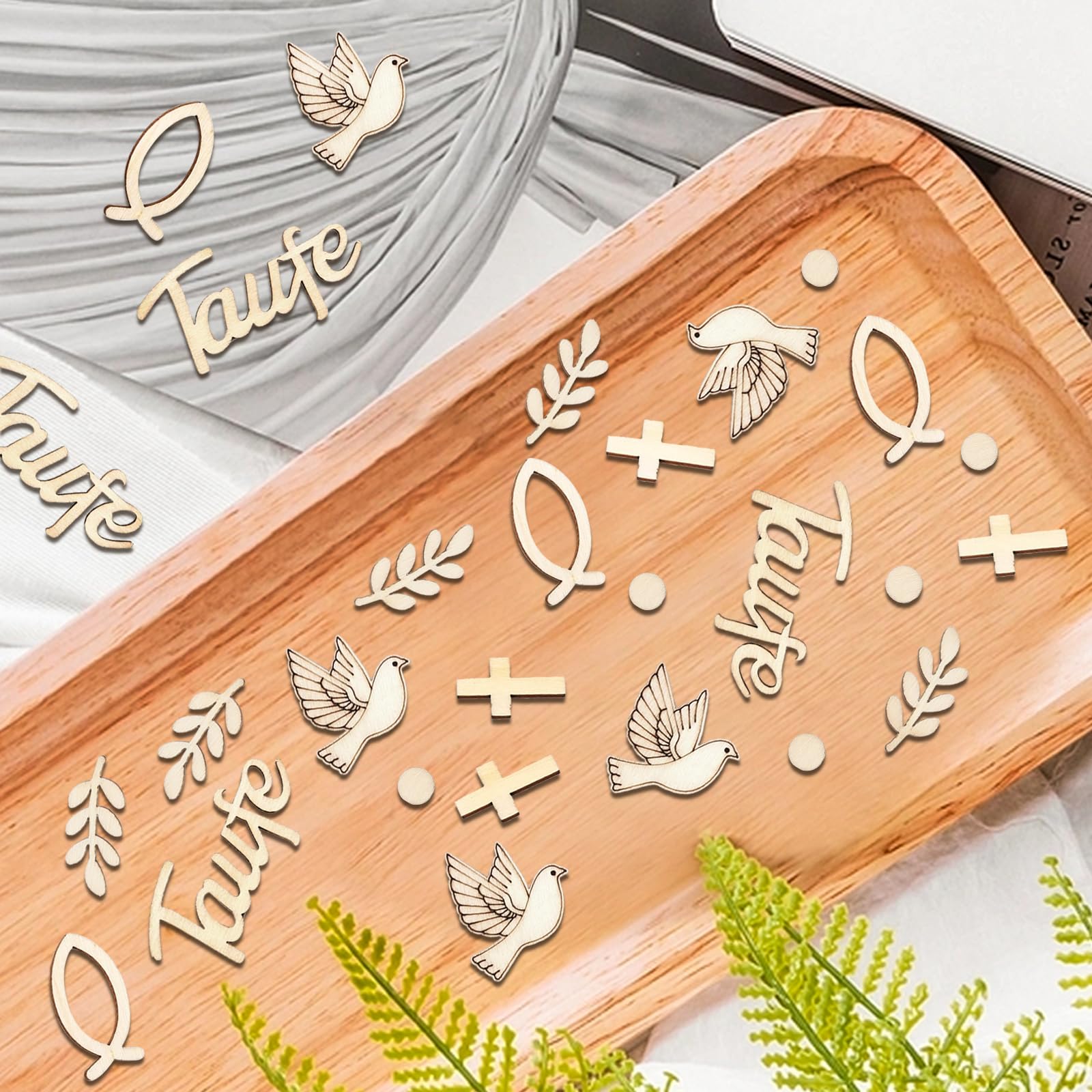 100 Decorazioni In Legno Per Battesimo E Comunione - Pesci, Croci, Uccelli, Foglie - Rustico