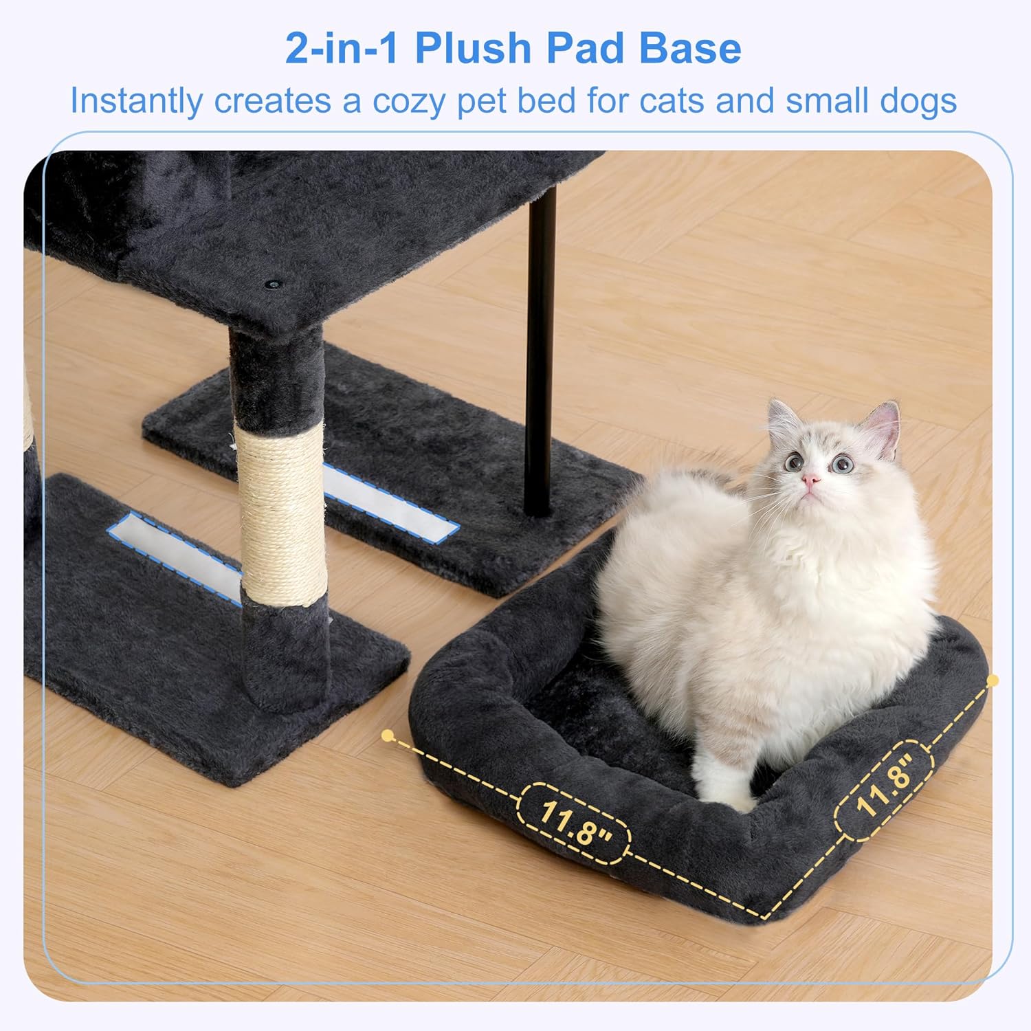 Heybly Cat Tree, 45.3-Inch Cat Tower for Indoor Cats with Large Perch, All-in-One Cat Furniture with Cozy Bed, Hidden Space Cat Condo, Comfy Hammock, Scratching Posts & 3 Pompoms, Smoky Gray HCT202SG