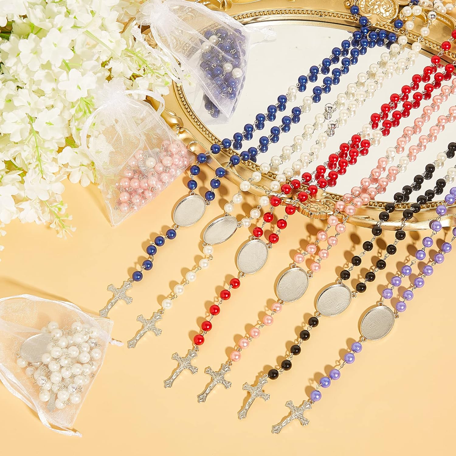 Taiyin 40 Sets Sublimation Blank Rosary Colorful Prayer Beads Heat Transfer Rosary Necklace Printable Sublimation Necklace with Organza Bags for Women Men Baptism DIY Memorial Gifts Making - Image 6