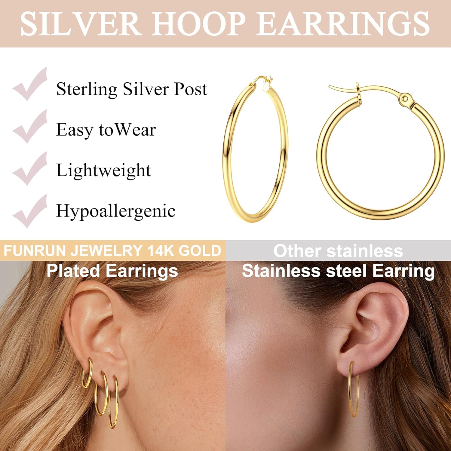 FUNRUN JEWELRY 5 Pairs 925 Sterling Silver Hoop Post Earrings for Women-Small 14K Gold Silver Hoops Earrings,Hypoallergenic Silver Hoop Earring for Women-Medium Big Hoops Stack Earring 10/14/20/30/40mm - Image 4