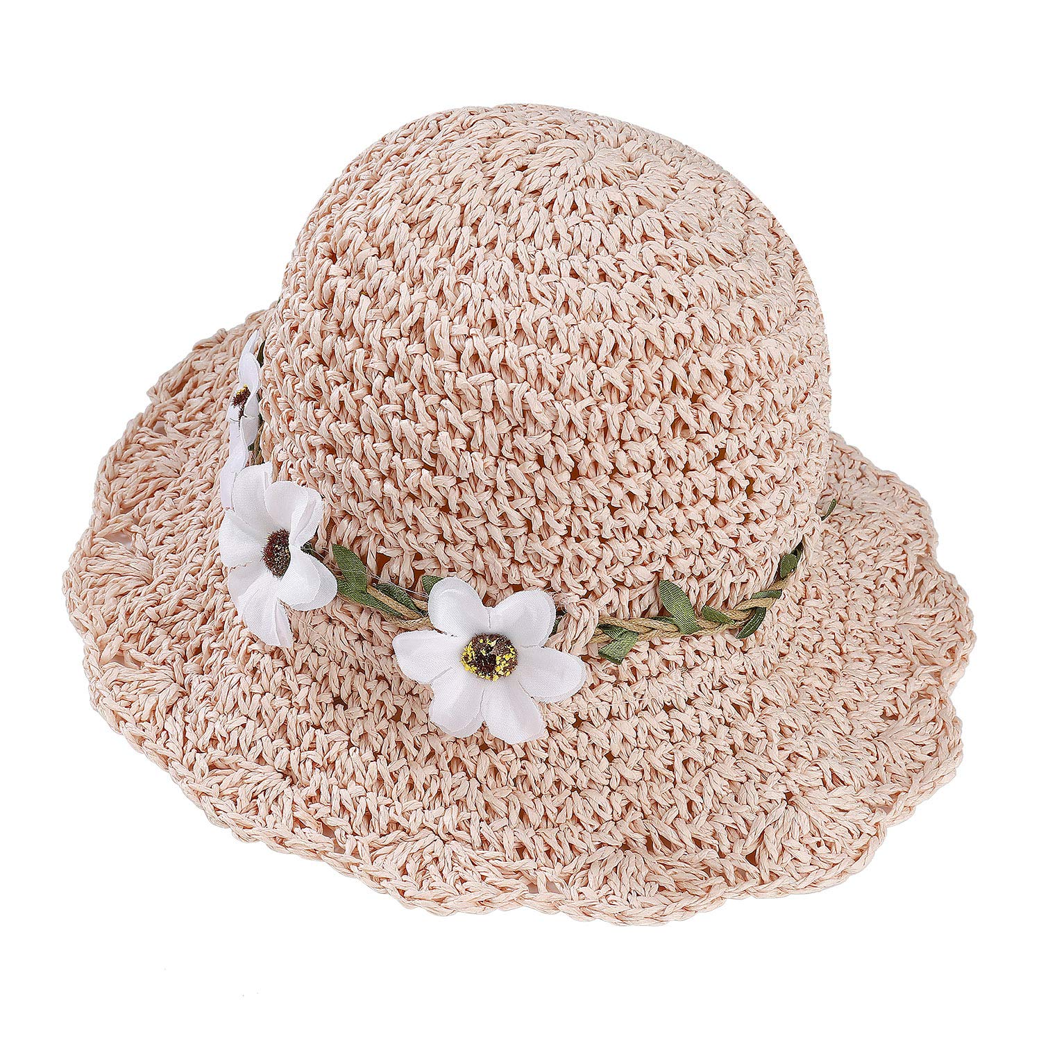 MaoXinTek Sombrero de Paja Niñas Anti UV Gorra de Sol Chica de Playa con Flores para Viaje Beach Piscina al Aire Libre 50-52cm