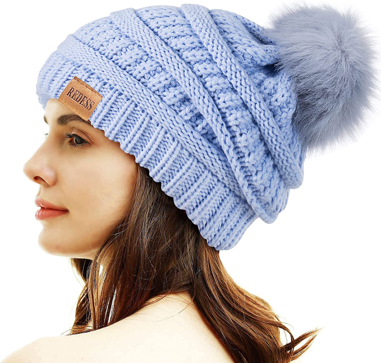 REDESS Cappello Invernale da Donna con Pom Pom Beanie Caldo Foderato in Pile Spesso Slouchy Snow Knit Chunky Baggy Skull Berretto da Sci