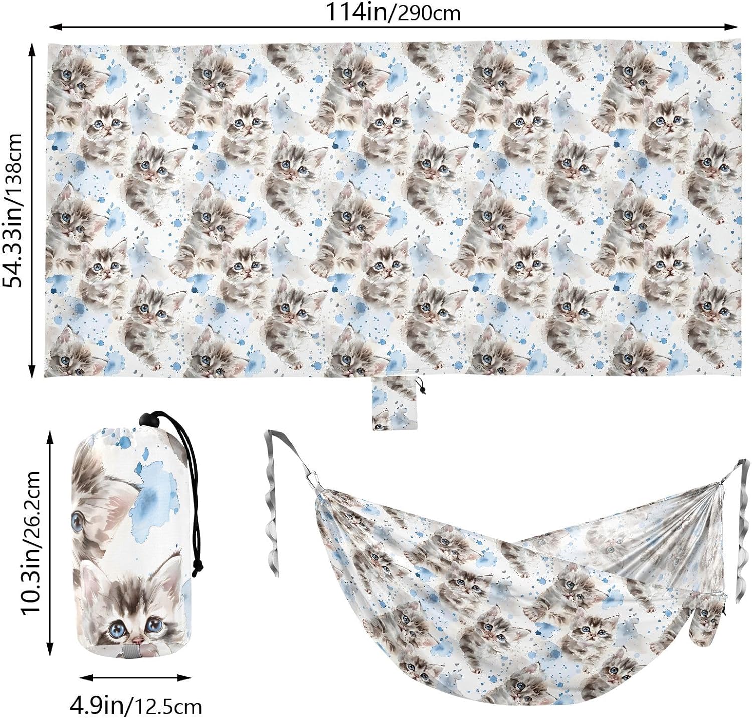 ALAZA Cute Cats Kitten Camping Hammocks Single or 2 Person 500 lbs Portable Parachute Travel Hammock w/Tree Straps for Hiking Backpacking Indoor Outdoor