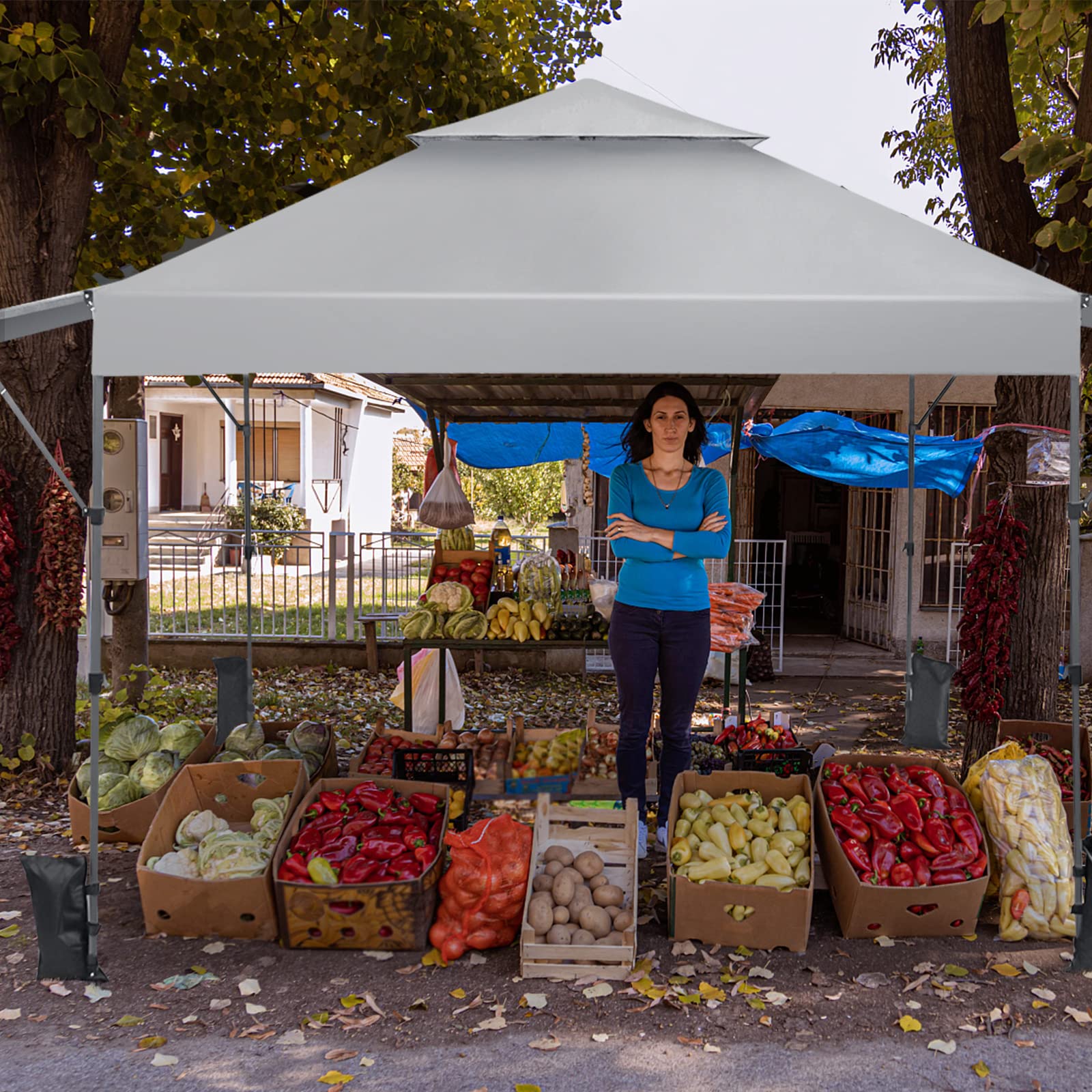 COSTWAY Pawilon typu Pop Up 3 x 3 m, z dwiema markizami, składany pawilon z torbą zwijaną, 4 worki na piasek, namiot ogrodowy, składany, namiot imprezowy, wodoszczelny, stabilny (biały)