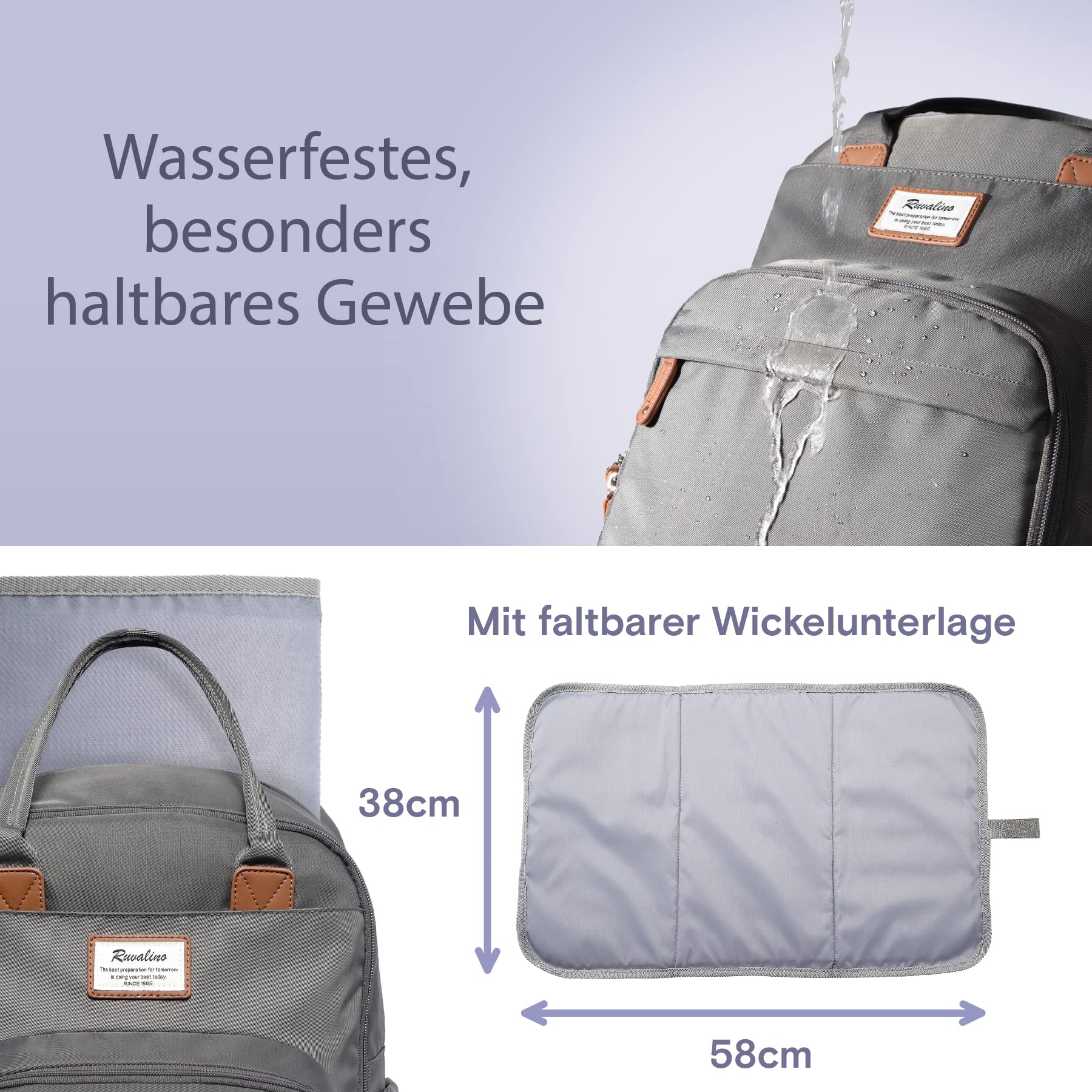RUVALINO Baby Wickelrucksack, Multifunktional Wickeltasche Reise Rucksack Große Kapazität Babytasche mit Wickelunterlage, Wasserdicht Stoffe, Passform für Kinderwage