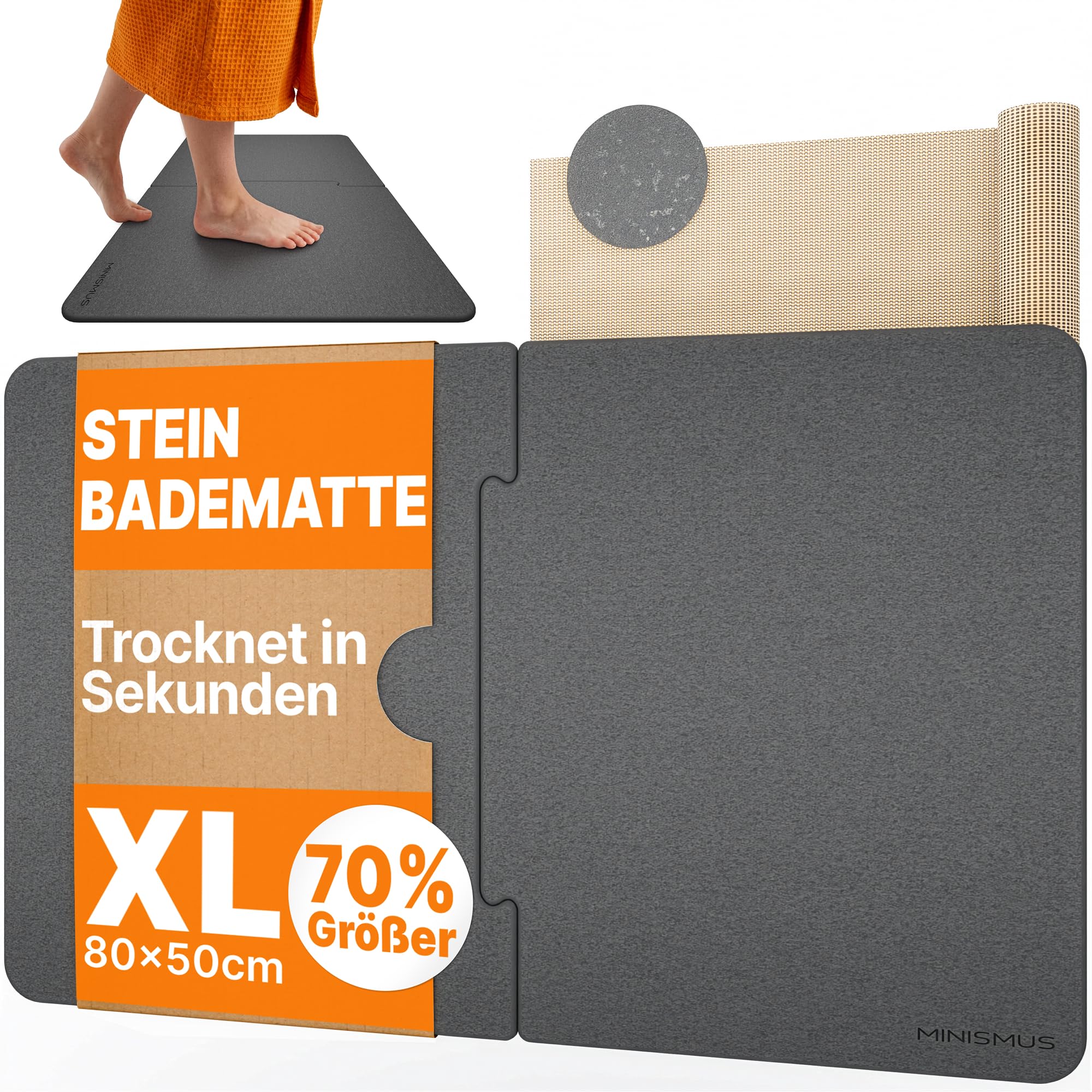 Minismus Badematte Diatomit Puzzle Schnelltrocknend, Dunkelgrau 80x50cm | Diatomit, Duschvorleger schnelltrocknend, saugfähig, rutschfest, modular erweiterbar, XL-Größe, für Bad und Dusche
