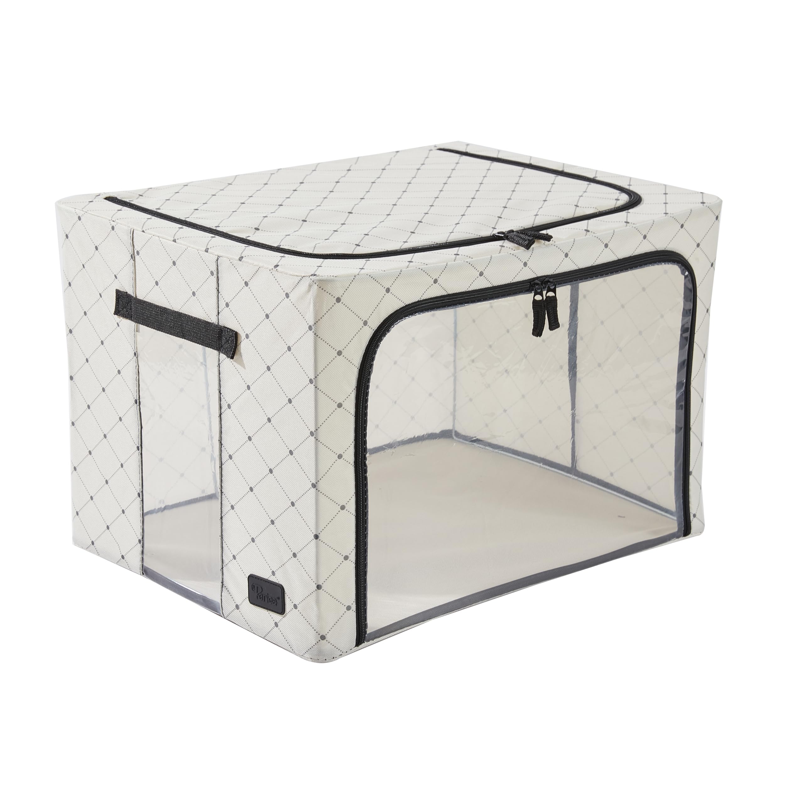 Periea ‘Beau’ Folding Collapsible Stackable Fabric Home Storage Boxes with Steel Frames (Black Dots, Large)