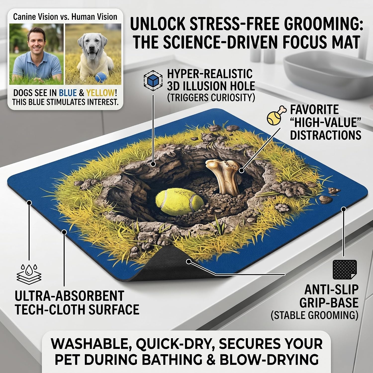 Absorbent Dog Grooming Mat: 28" L x 20" W Cute Tennis & Bone Print Non-Slip Pet Grooming Table Pad - Soft, Heavy Duty, Easy to Clean & Cut, Keeps Dogs Calm for Bathing, Grooming, and Food Water Bowls