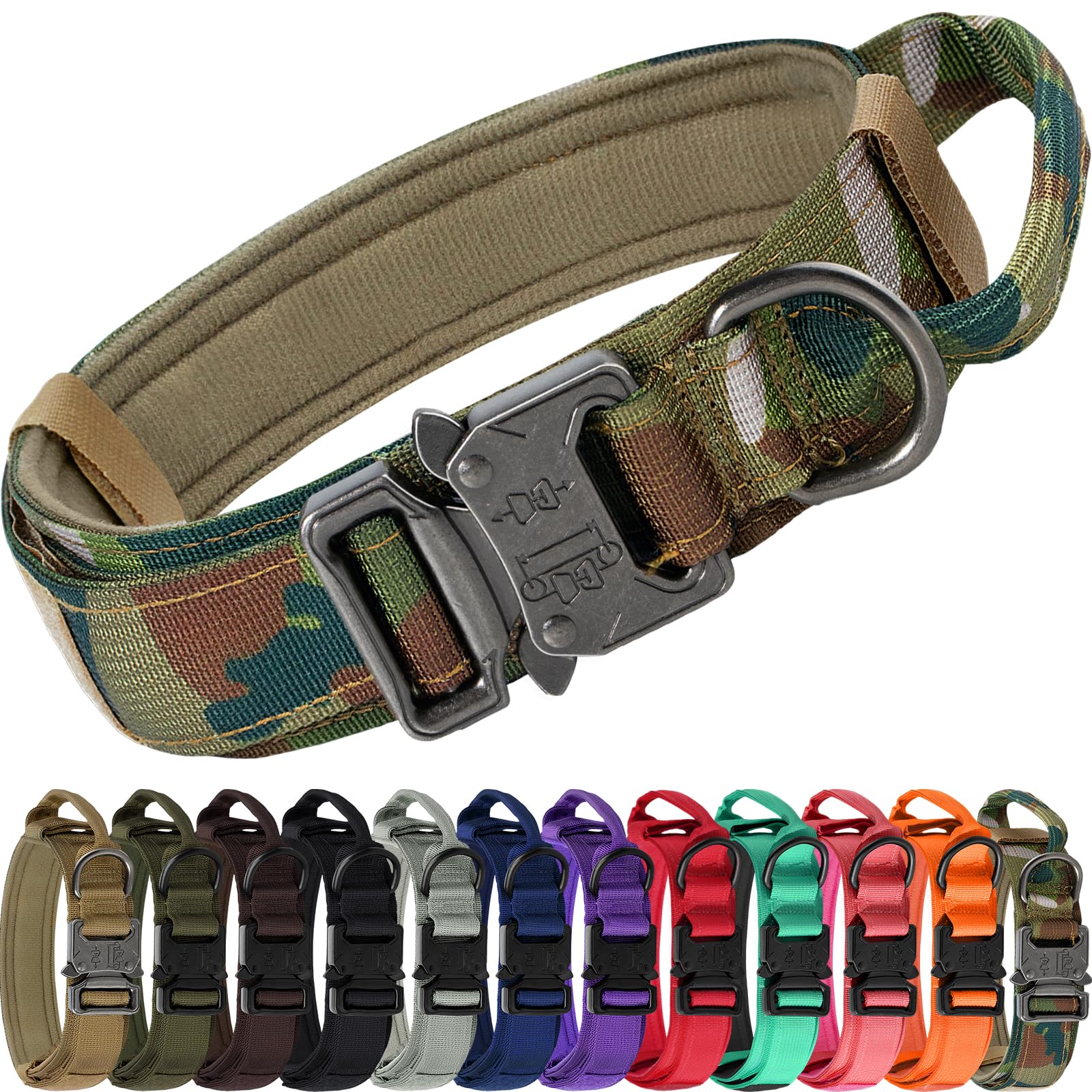Joytale Tactical Dog Collar with Handle, Adjustable Heavy Duty Military Collar with 2 Patches for Training, Suitable for Large Dogs, Camouflage, L