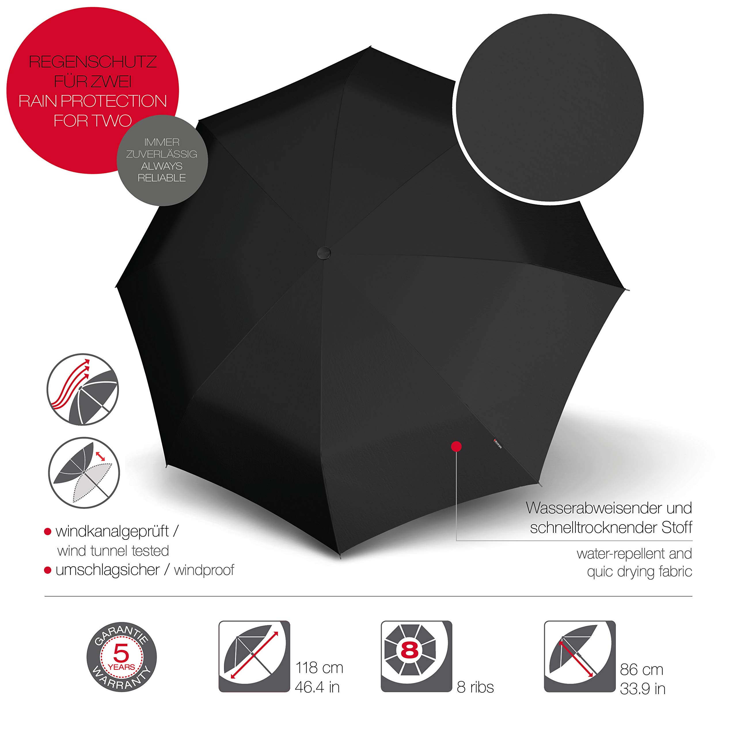 Knirps Ombrello T.903 Automatico Nero - Automatico - Manico a gancio rotondo - Antitempesta - Palo stabile - Nero