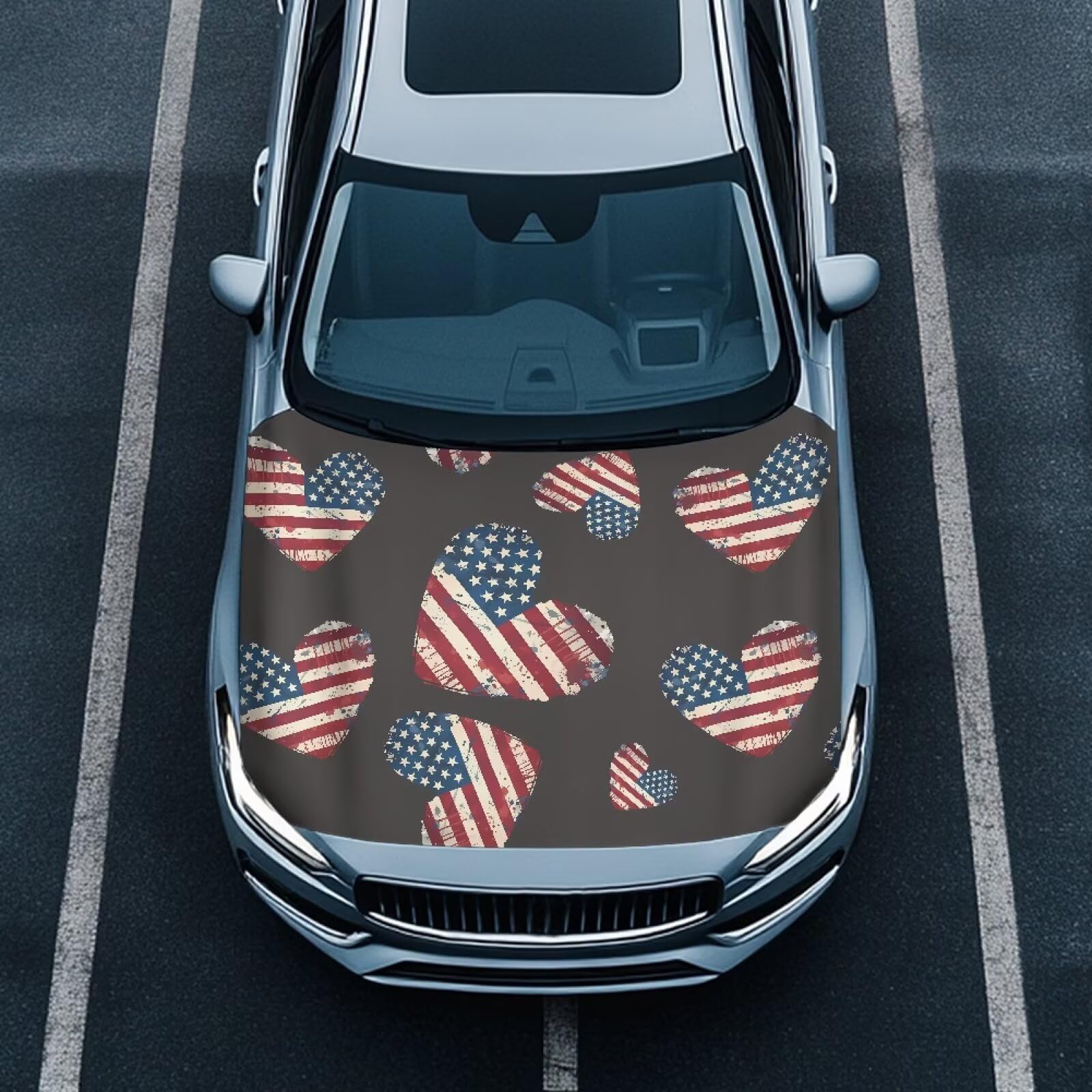 Heart American Flag Car Hood Cover Protector, Retro American Flag Love Heart Removable Automotive Exterior Accessories for Car SUV Sedans Trucks, Easy Installation