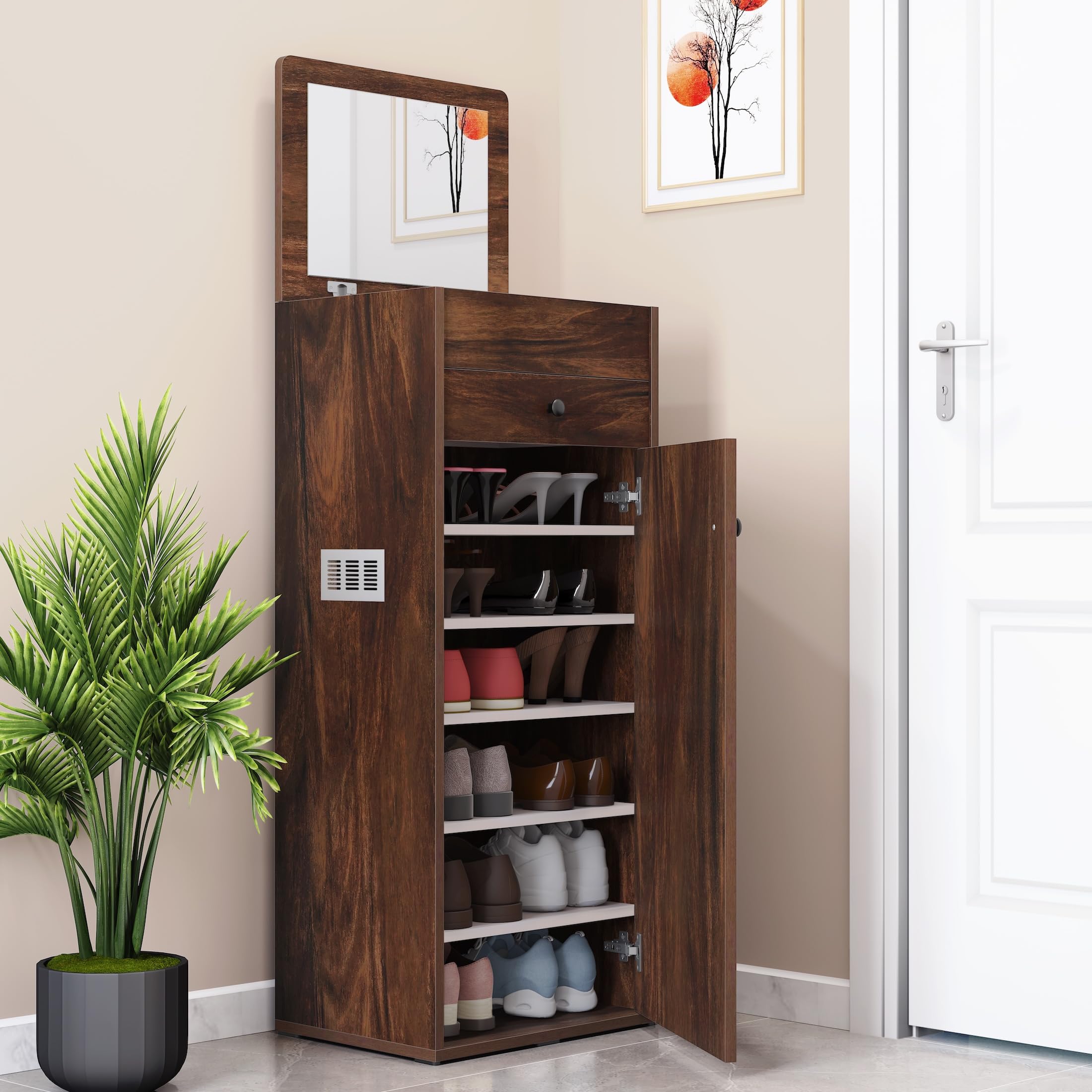 Studio Kook Galaxy Engineered Wood Shoe Rack Cabinet with Mirror & Drawer | Freestanding Entryway Shoe Organizer with Top Storage | 12 Pair Capacity, Matte Finish (Junglewood)-image-35