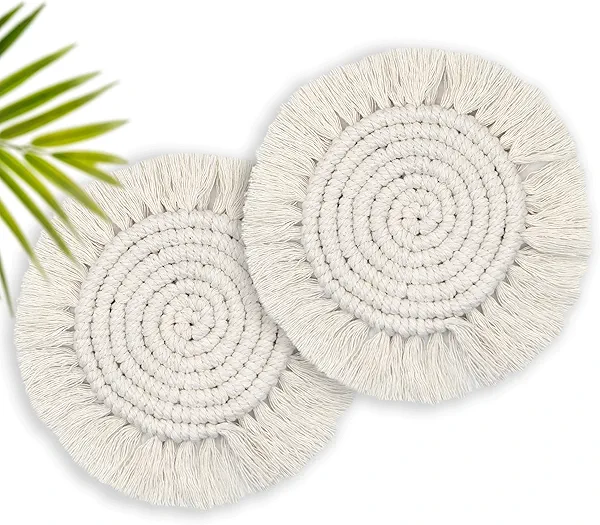 7.4in Boho Coasters Set of 2, Cute Drink Coasters Absorbent for Desk, Farmhouse Handmade Woven Macrame Coaster for Mugs Cups - Home Decor Housewarming Gift, Round Beige