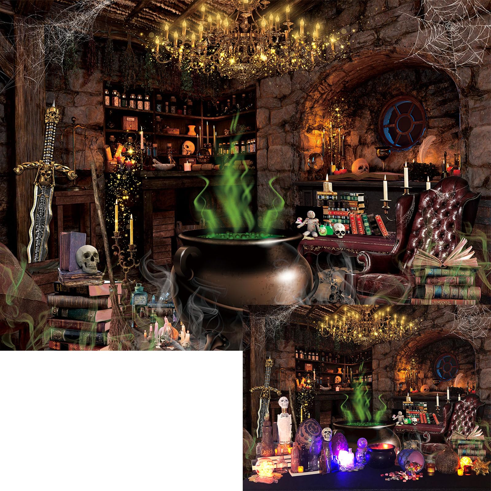 10x8FT Halloween Witches Cauldron Background Magic Potions Bookshelf Book Background Hocus Pocus Wizards Medieval Wizard Room Photo Shoot Supplies Adults, 300x240cm(WxL), Black