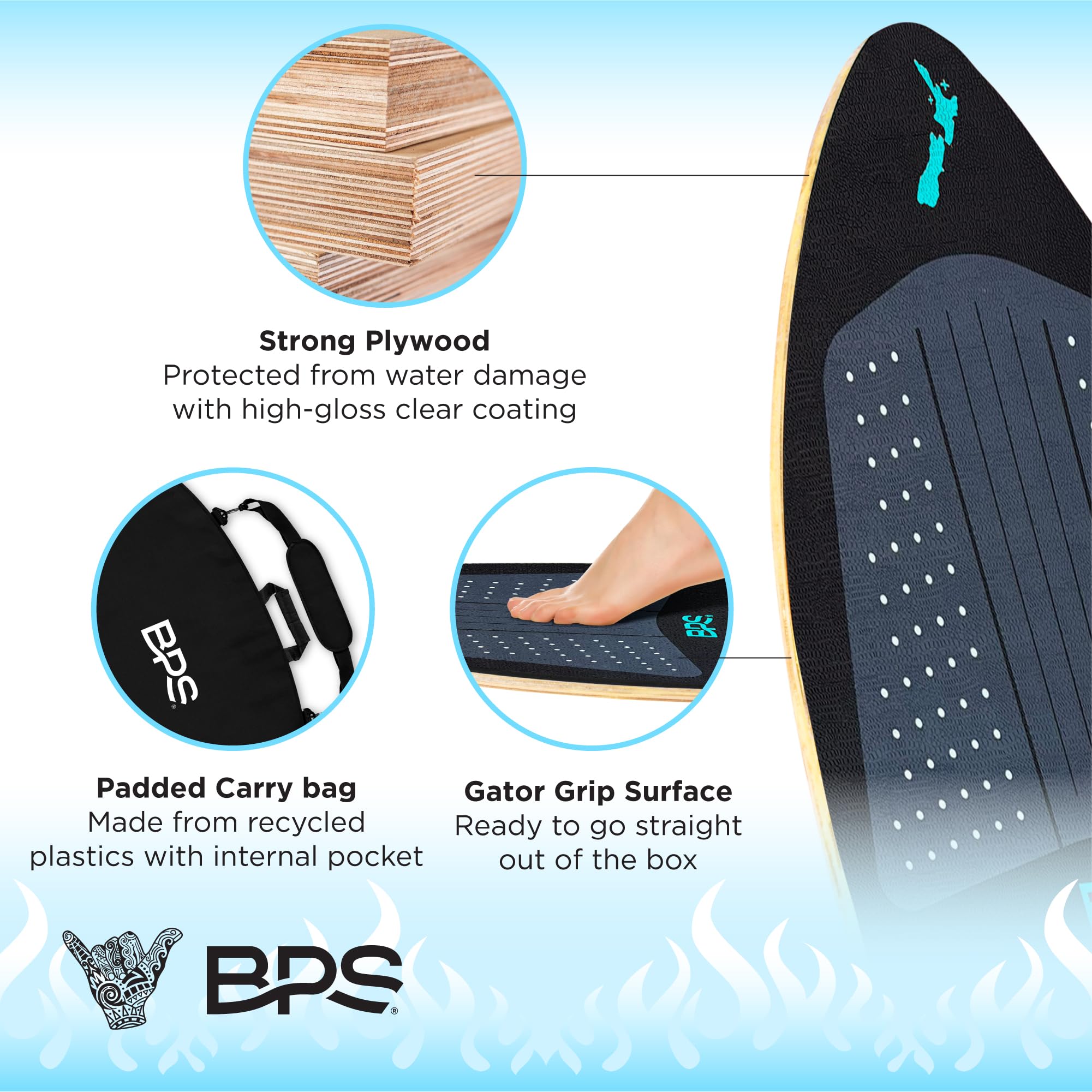 BPS New Zealand 'Flame' - Skimboard in legno ad alte prestazioni con cuscinetti di trazione personalizzati - con borsa imbottita opzionale in plastica riciclata - per bambini o adulti, disponibile in