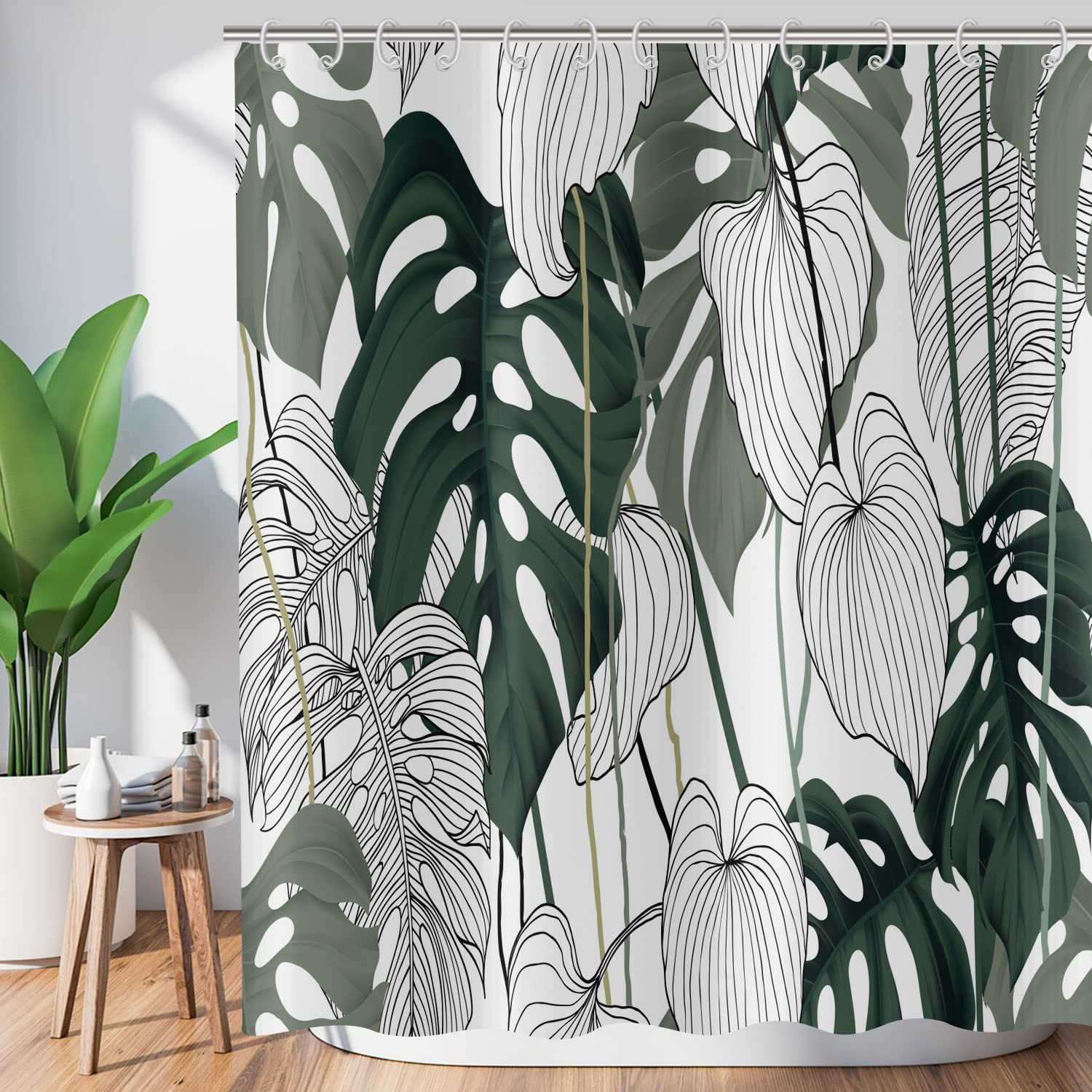 Hnmdmyi Tropical Leaf Shower Curtain 165x180, Dark Green Palm Leaves Shower Curtains Abstract Jungle Plant Botanical Bathroom Curtains Waterproof Polyester Fabric Washable Bath Curtains with Hooks — image 1