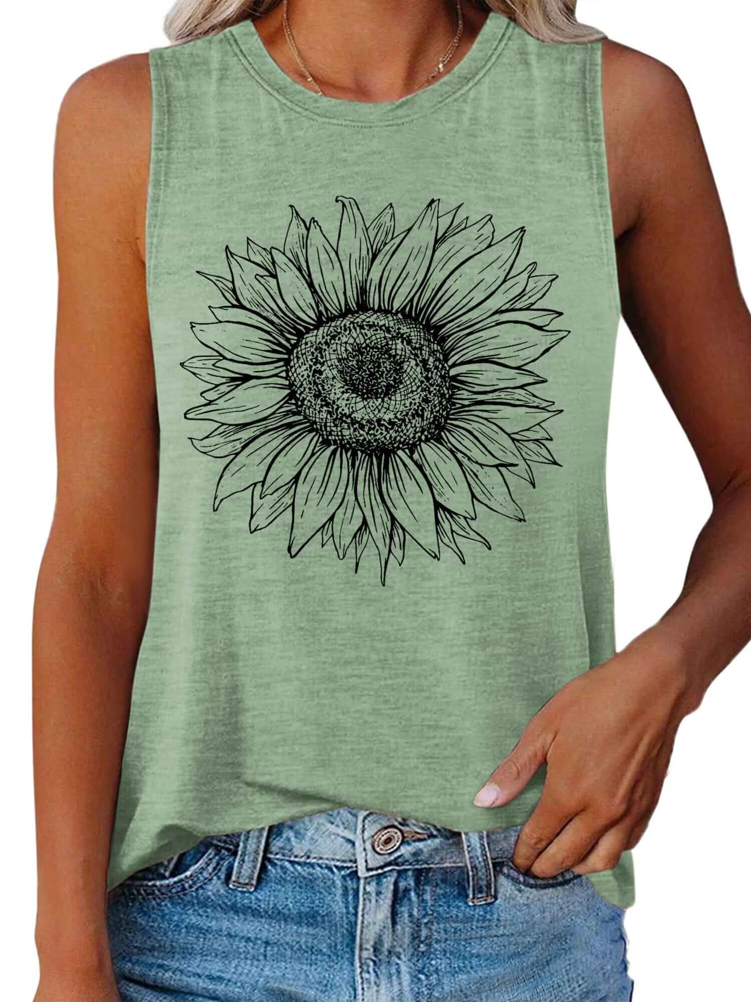 ORANDESIGNE Womens Flower Print Crewneck Tank Graphic Sleeveless Tops Cotton Blend,Durable Graphic Print,Lightweight,Flowy Curved Hem,Easy Care,Loose Fit,Going Out,Summer Casual,Daily Outfits