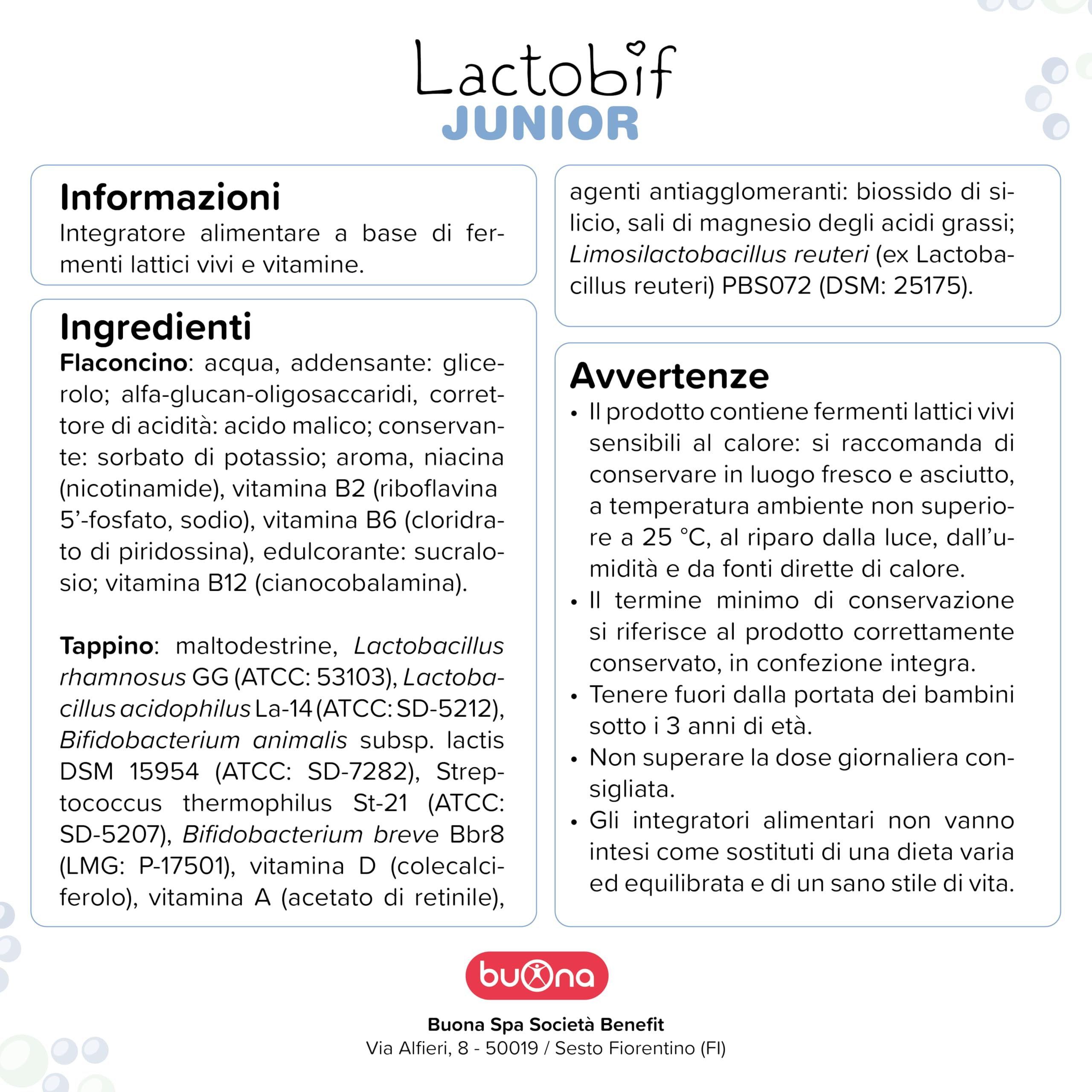 Buona Lactobif Junior 10x10ml, Fermenti Lattici Probiotici Bambini con LGG®, Equilibrio Flora Intestinale, Integratore Fermenti Lattici Bambini e Probiotici per Intestino, Senza Glutine e Lattosio