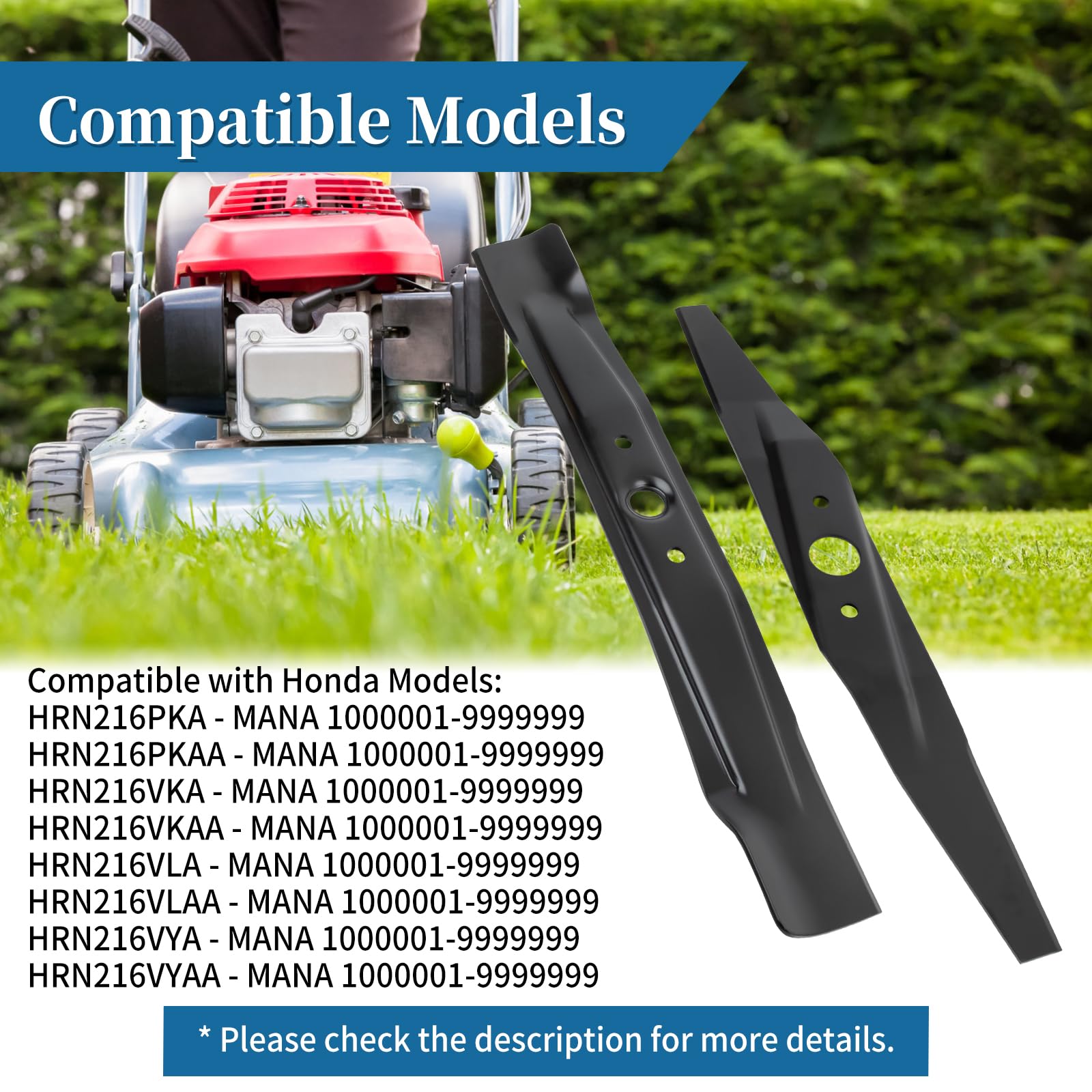 Juego de cuchillas inferiores 72511-VR8-M00 y 72531-VR8-M00 de repuesto para 08720-VR8-M00, cuchilla de cortacésped compatible con Hon da HRN216, paquete de 2