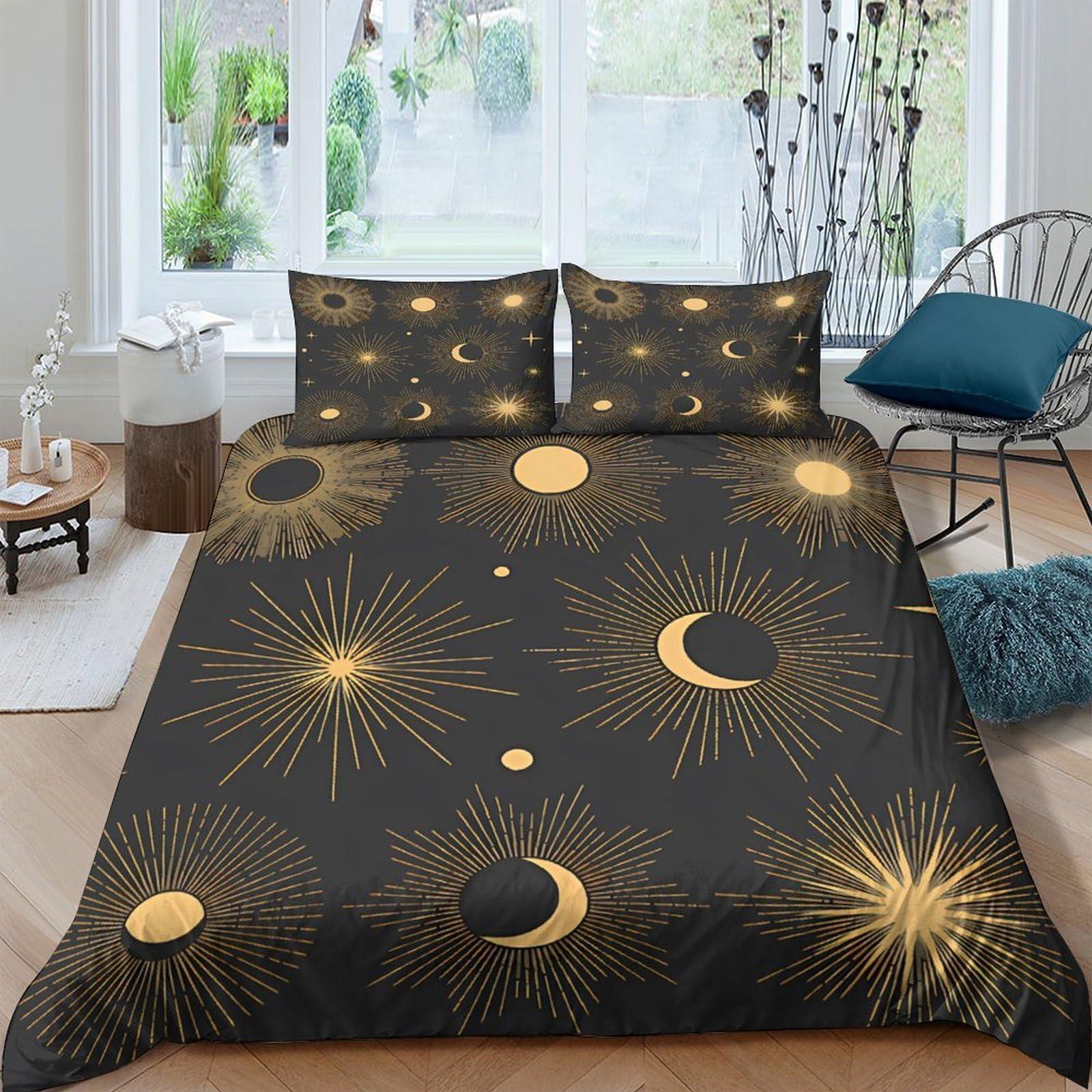 GPLZQXKJNH 3D Printed Sun Moon Black Duvet Cover Microfiber Bedding Set with 2 Pillowcases for Bedroom Dorm Decor 120x200cm Single（135x200cm）