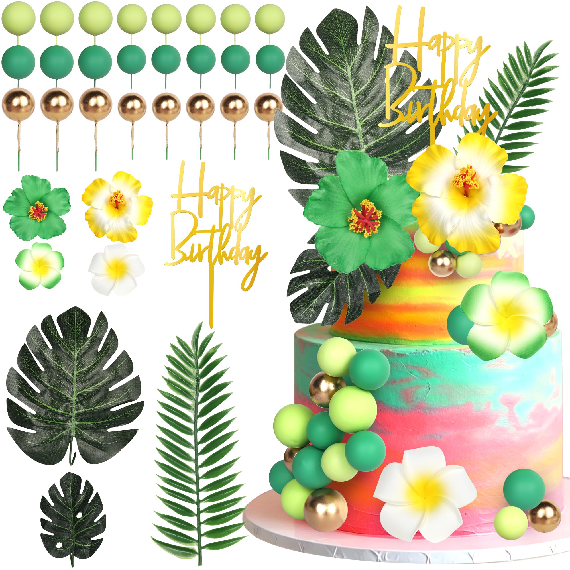 Xsstarmi Summer Hawaiian Flowers Cake Decorations with Acrylic Happy Birthday Palm Leaves Green Hibiscus Floral Cake Picks for Aloha Tropical Theme Birthday Wedding Party Cake Decorations โ image 1