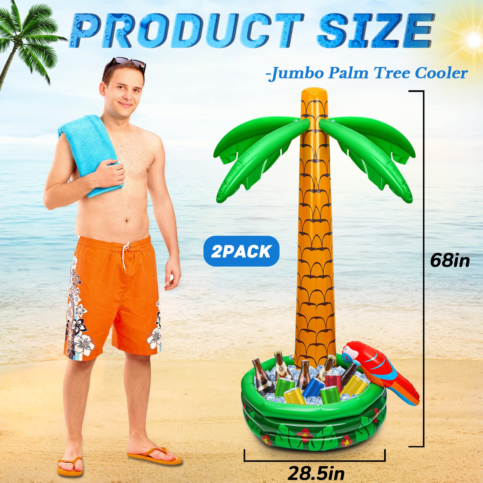 Deekin 4 Pcs Inflatable Palm Tree Cooler Blow up Palm Trees Jumbo Inflatable Hawaiian Luau Party Decorations Include 2 Sets 68 Inch Floating Cooler and Hawaiian Flowers Garland for Beach Pool Party