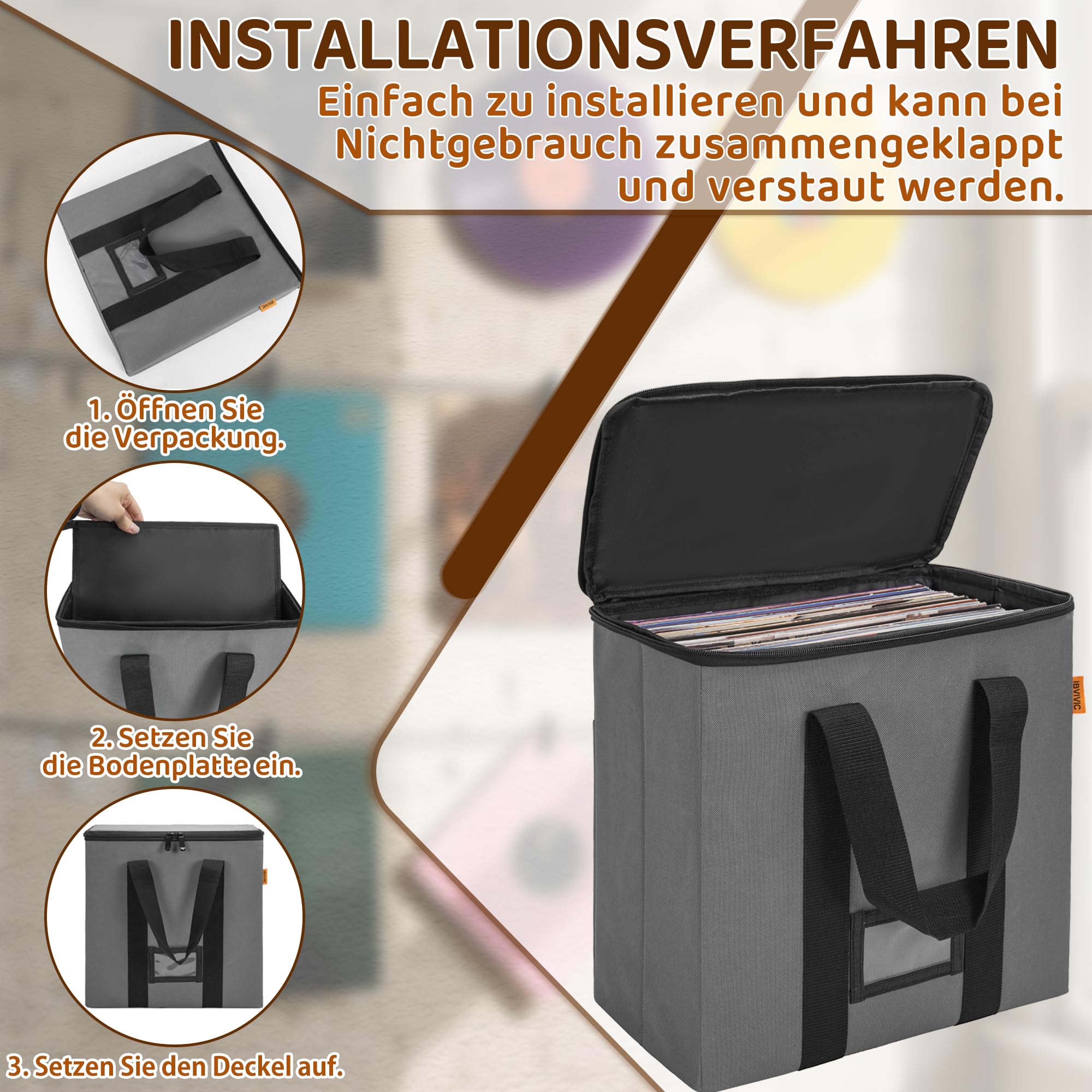 OUUTMEE Vinyl-Schallplatten-Aufbewahrungsbox mit Reißverschlüsse, Klappbare Plattenkoffer für LP-Schallplatten-Aufbewahrung,für 12" Schallplatten, Hält bis zu 30+ einzelne Schallplatten, Klein,Grau