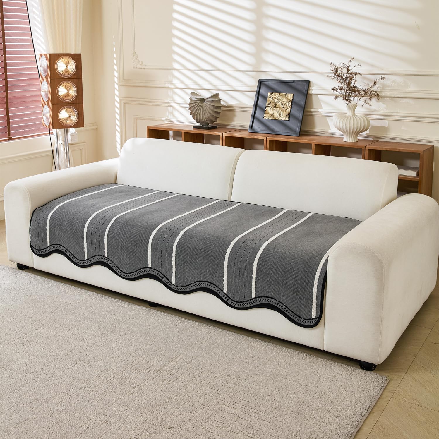 House of Quirk ‘Loom Stripe Series’ Chenille Couch Cover – Curved Edge Quilted Non-Slip Washable Sofa Slipcover, Soft Durable Furniture Protector (Three Seater, Grey, 90x150 cm)-image-14