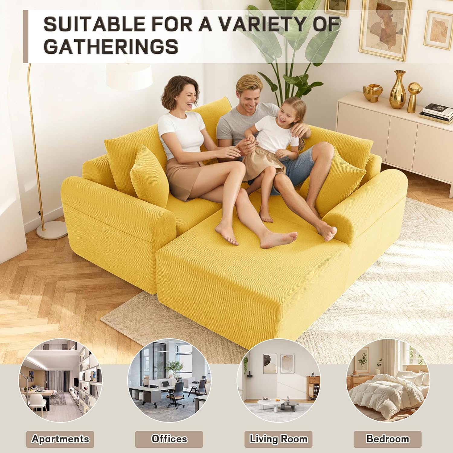 103” Cloud Modular Sectional Sofa with L-Shape Chaise, Modern Corduroy Boneless Sofa with Pull Out Bed, Deep Seat Folding Couch for Living Room, No Assembly Needed, Yellow (Left Facing Chaise)