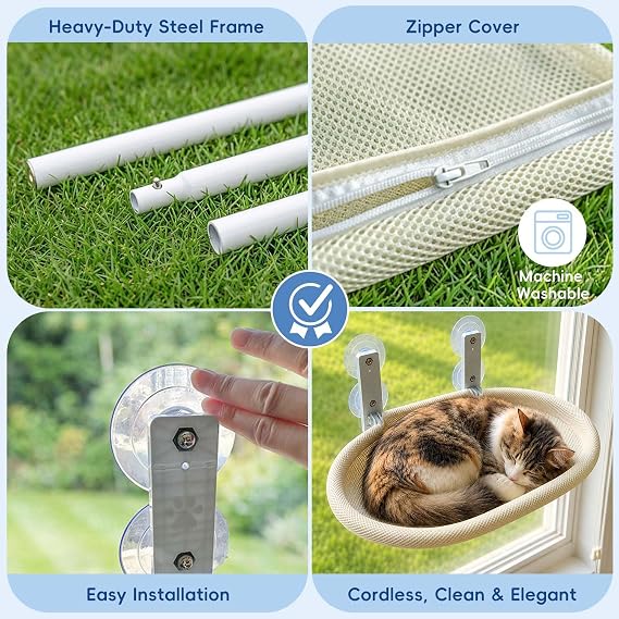 Cat Window Perch for Narrow Windows, Cordless Foldable Hammock Bed with Suction Cups, Breathable Mesh Shelf for Indoor Cats, Space-Saving Hammock Lounger for Sunbathing and Bird Watching, Beige