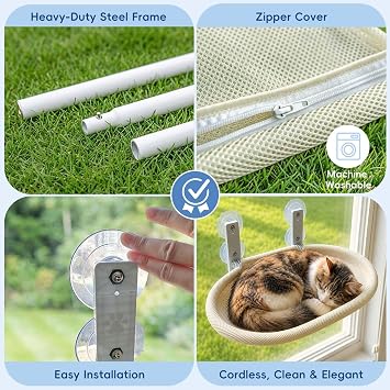 Cat Window Perch for Narrow Windows, Cordless Foldable Hammock Bed with Suction Cups, Breathable Mesh Shelf for Indoor Cats, Space-Saving Hammock Lounger for Sunbathing and Bird Watching, Beige