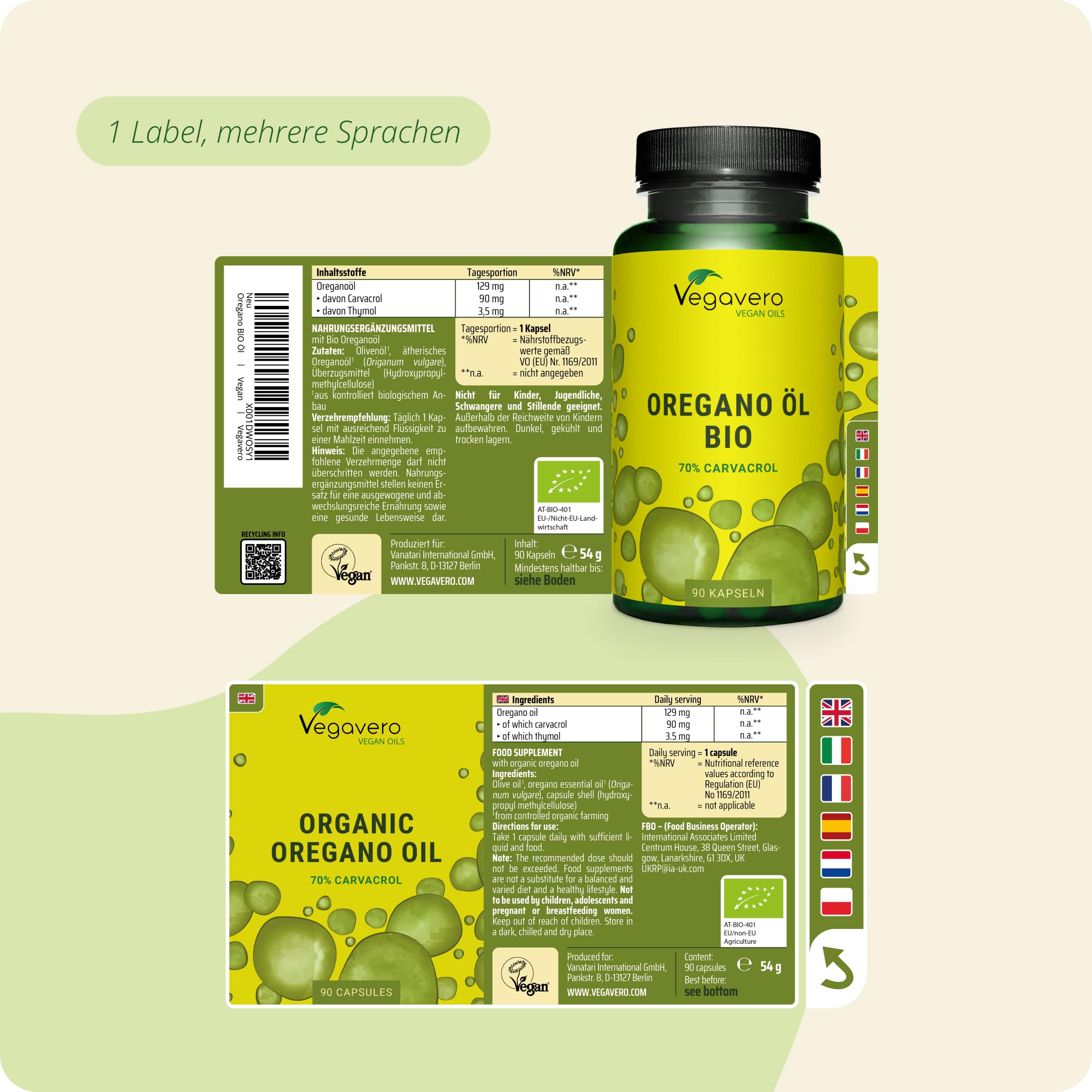 Vegavero Oregano Öl Kapseln Bio 90 Stück - 129 mg Oreganoöl mit 70% Carvacrol & 2,75% Thymol - vegane Kapseln ohne Zusatzstoffe