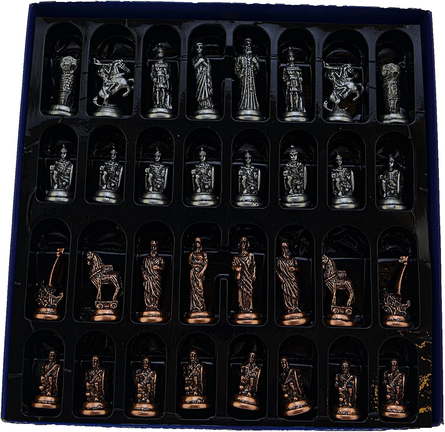 Metal Chess Set for Adults Troy-Spartan Antique Copper Figures,Handmade Pieces and Different Design Wooden Chess Board with Storage (Marble)