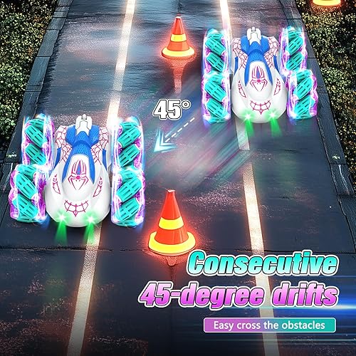 Miniatura 4 de Coche de control remoto de 2.4 GHz con luces LED de doble cara todoterreno rollo giratorio de 360, autos RC recargables 4WD RC Stunt Car para