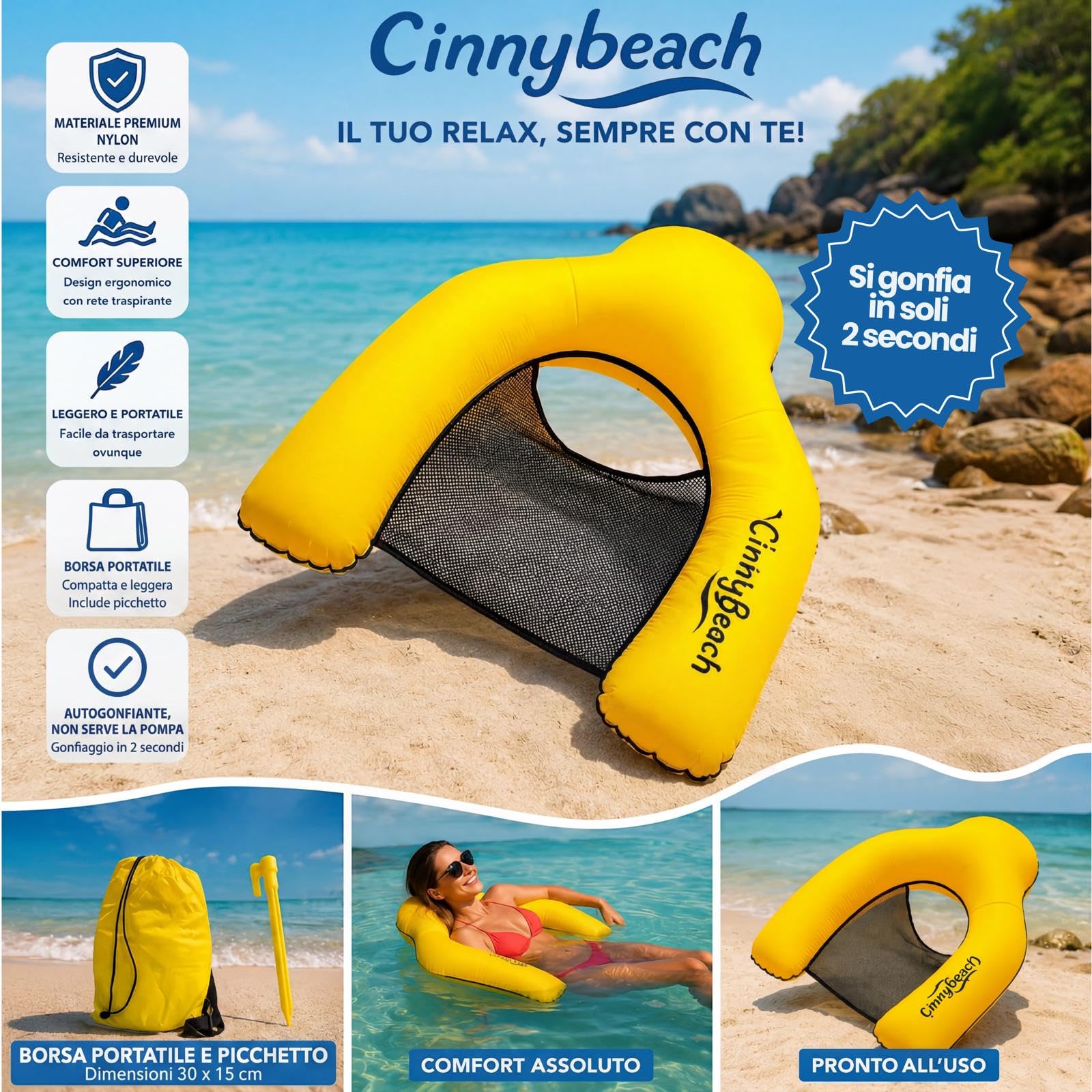 Cinnybeach, Materassino mare, Autogonfiabile, Poltrona piscina con Rete, amaca mare, Materassino Senza Pompa per Spiaggia e Piscina, con Borsa e Picchetto - Innovativo si Gonfia con il Vento (Giallo)