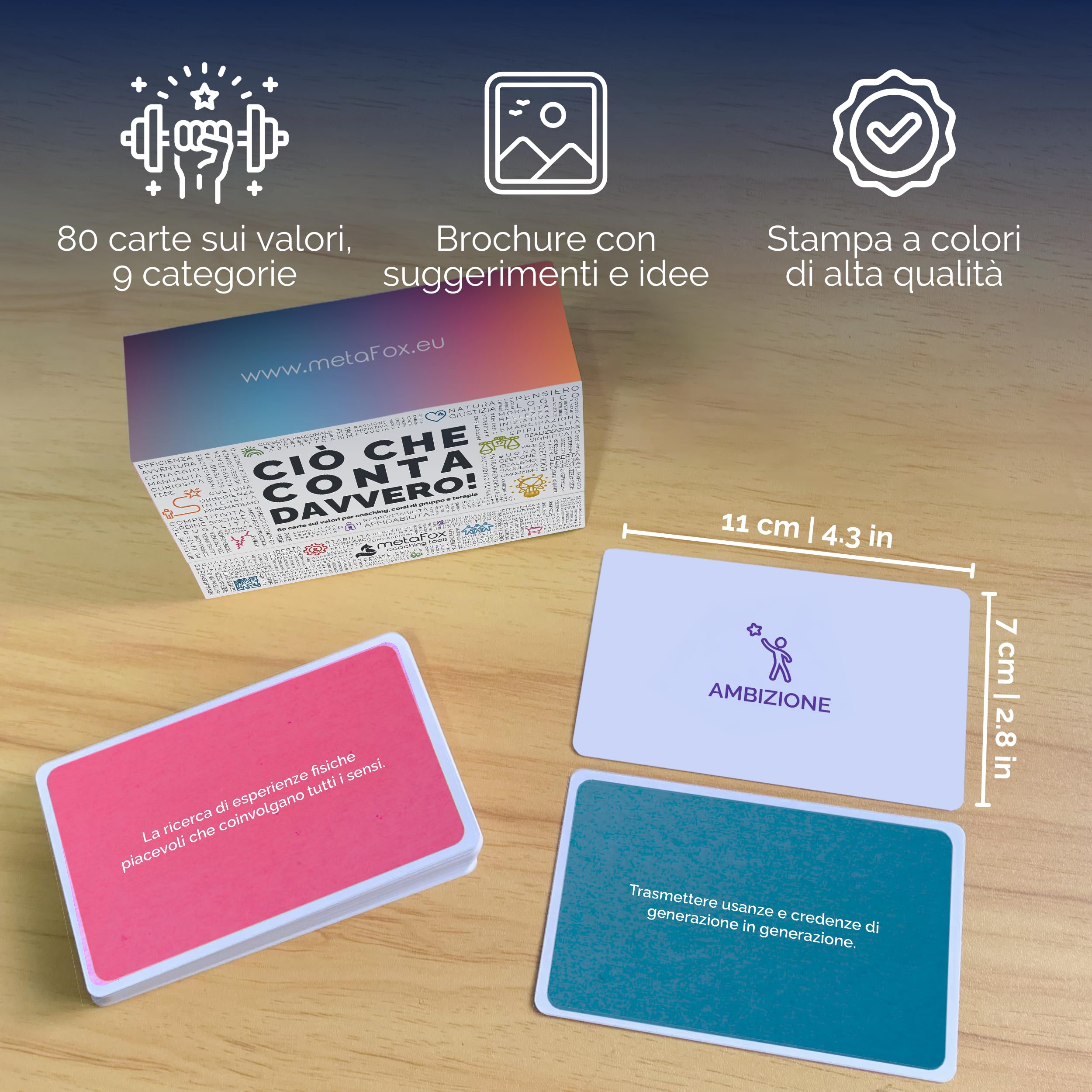 “Ciò Che Conta Davvero!” Carte di metaFox Sui valori – 80 Carte da Coaching per laboratori, terapia, Auto-riflessione e Leadership, Con supporto al dialogo, Team Building e affermazioni