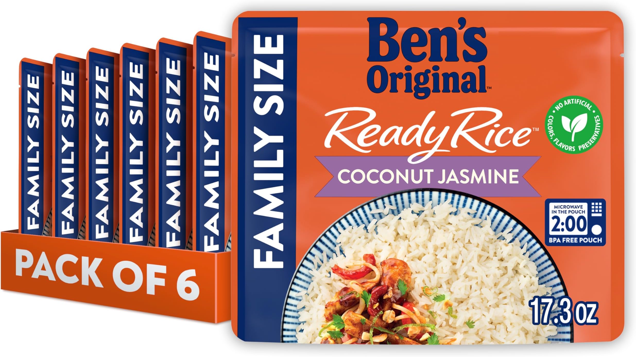 BEN'S ORIGINAL READY RICE Coconut Jasmine Family Size Rice, Easy Dinner Side, 17.3 oz Pouch (Pack of 6)