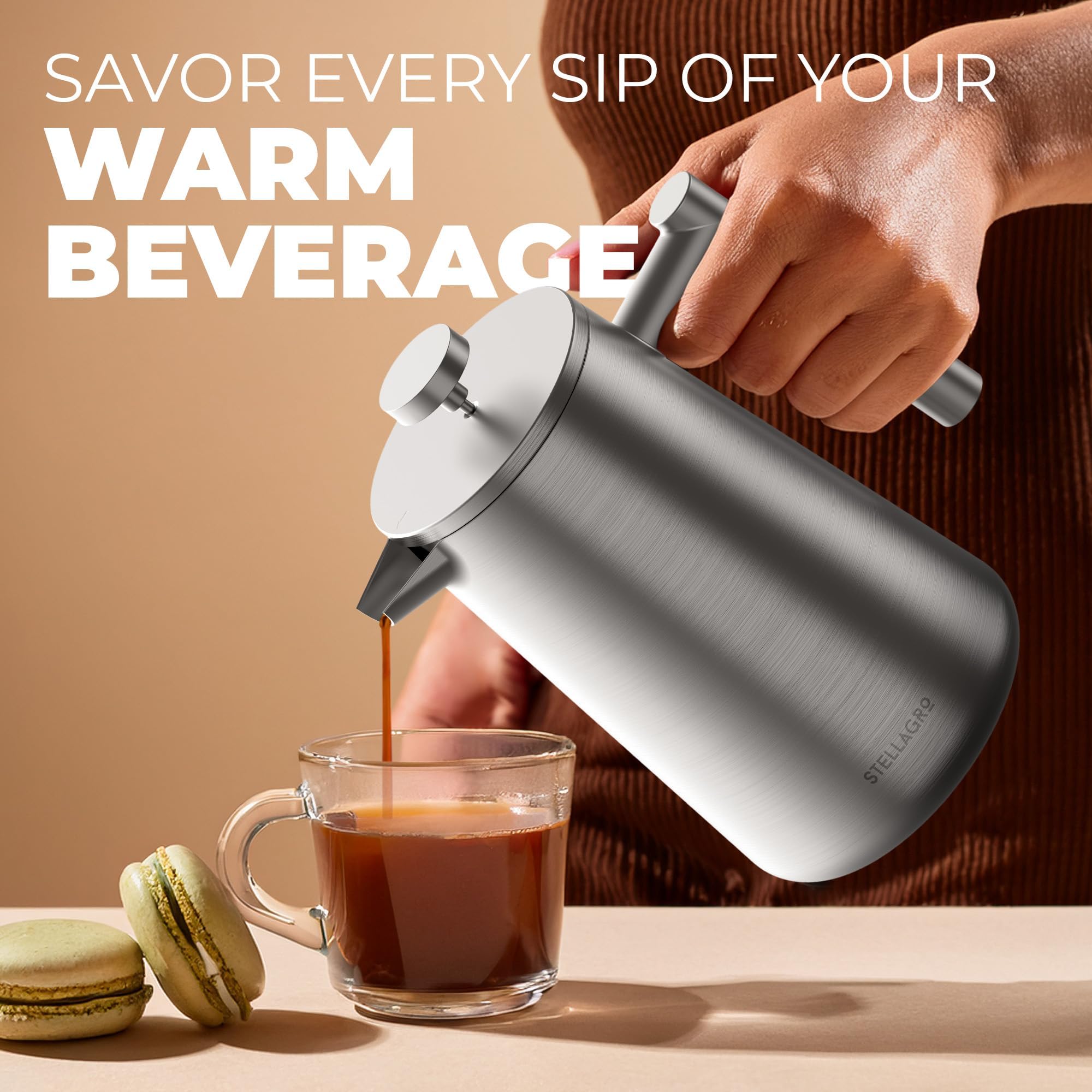 Cafetera de prensa francesa, prensa francesa de acero inoxidable, 34 onzas/1 L, cafetera grande aislada de doble pared con 3 filtros de malla adicionales, acabado satinado, color plateado