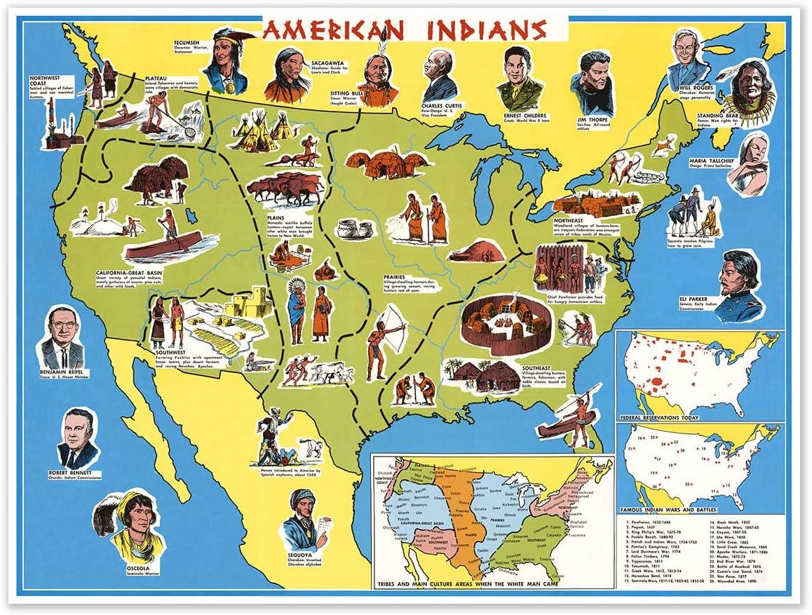 Antiguos MapsNative American Indian Educational Print circa 1950 | Vintage Wall Decor | Art Print Poster | measures 24 x 32 inches (610 x 813 mm)