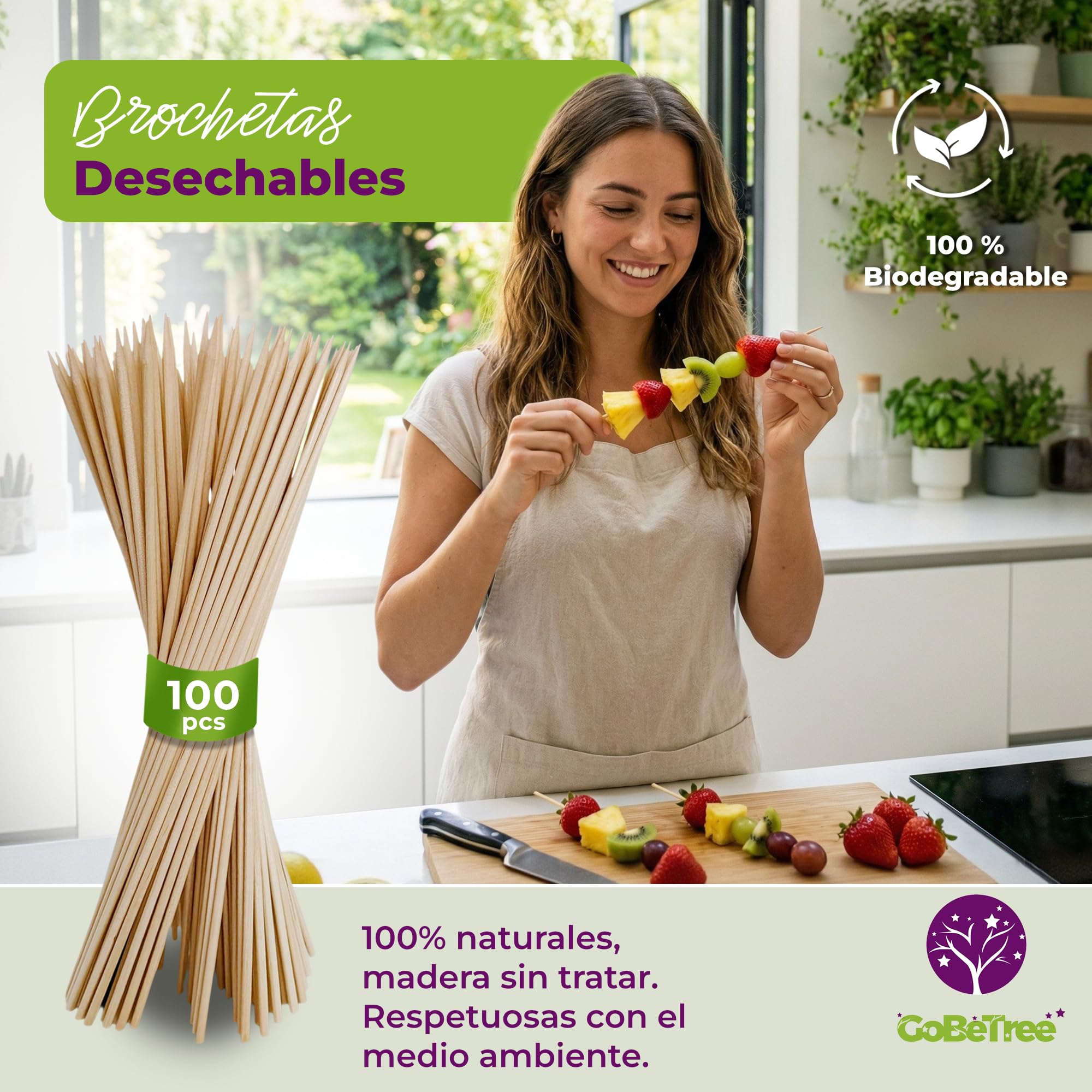 100 Pinchos de Madera de Abedul 15 cm x 2,5 mm | Palillos Extra Resistentes para Brochetas, Barbacoa, Carne y Frutas | Palos Ecológicos Multiusos para Manualidades