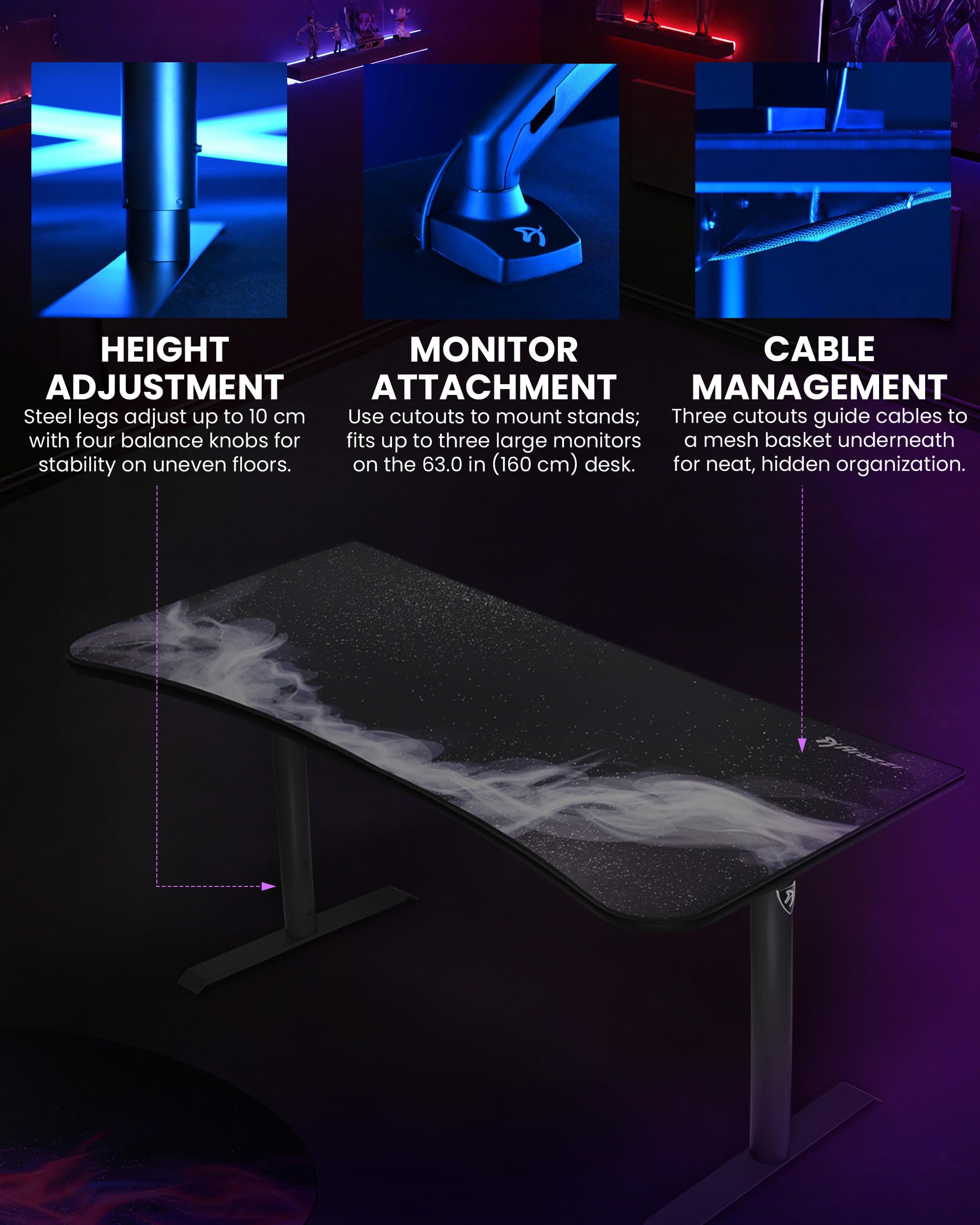 Arozzi Arena Gaming Tisch - Groß 160x82cm Gaming Schreibtisch für kleine Räume - Höhenverstellbar PC Tisch mit Full-Surface Mikrofasermauspad - Kabelmanagement und stabile Stahlbeine - Gunmetal Galaxy