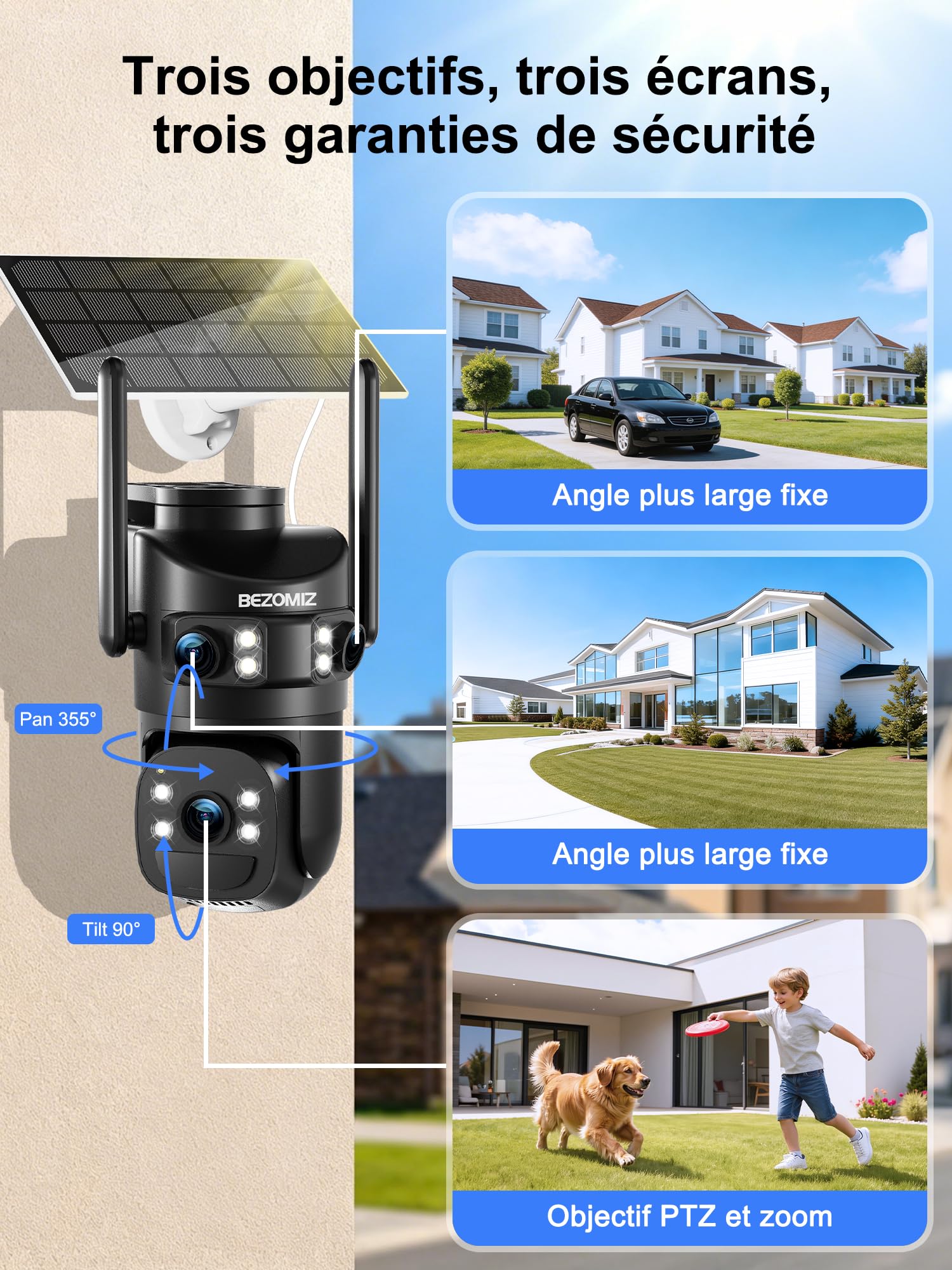 4K Caméra Surveillance WiFi Extérieure à triple objectif,2.4/5G WIFI,360° PTZ Camera Solaire,12MP Détection Humaine,avec Batterie,Suivi Automatique,Vision Nocturne Couleur,Étanche,Audio Bidirectionnel