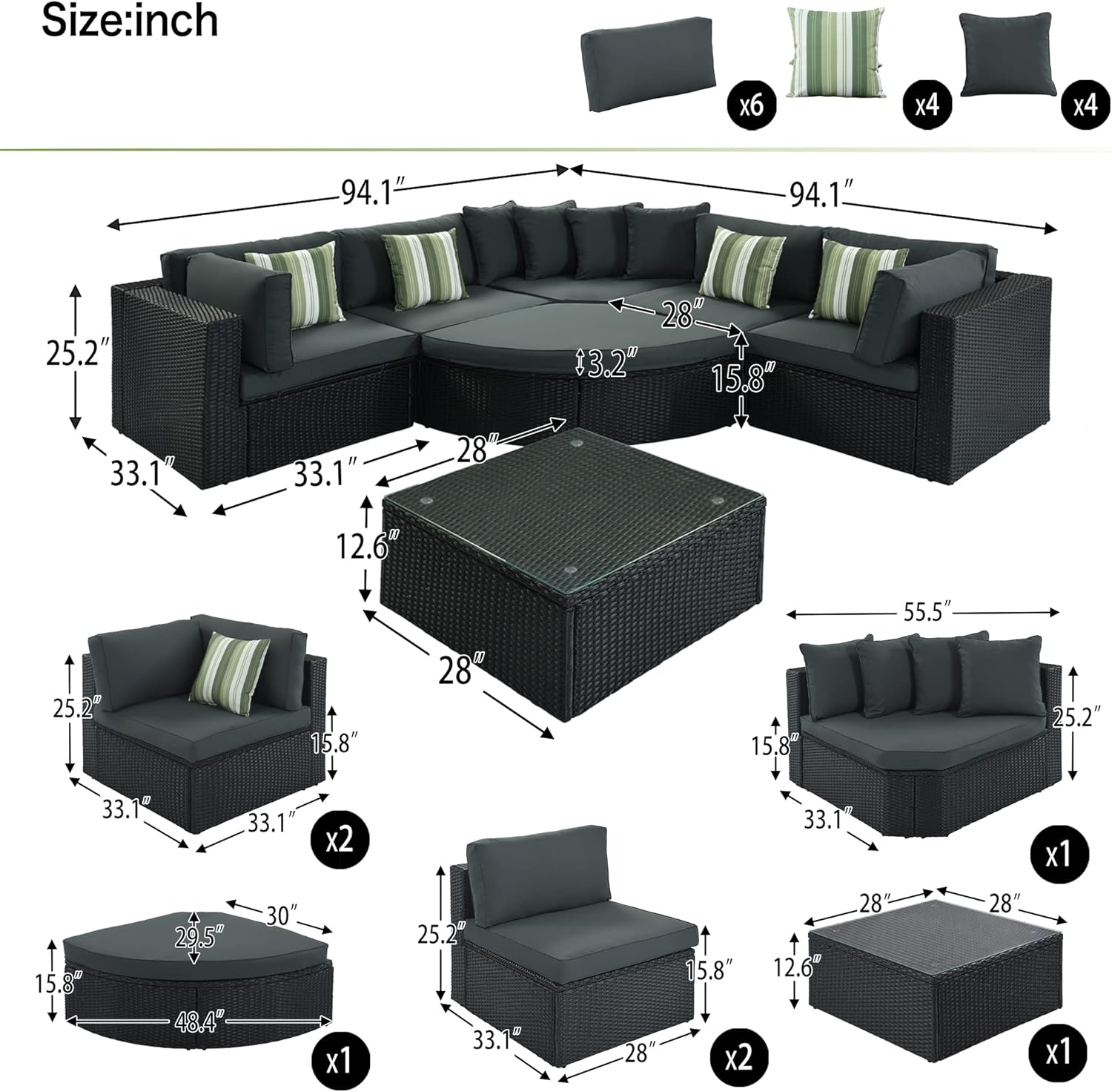 Outdoor Wicker Sofa Set, Rattan Sofa Lounger, with Striped Green Pillows, Conversation Sofa, for Patio, Garden, Deck, Black Wicker, Gray Cushion