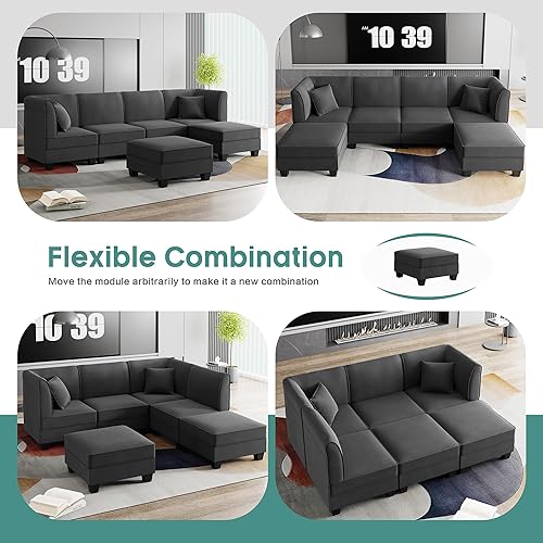 Miniatura 5 de Shintenchi Sofá modular reversible, sofá modular de terciopelo en forma de U de 116 pulgadas con otomanas, juego de 6 sofás modulares grandes para