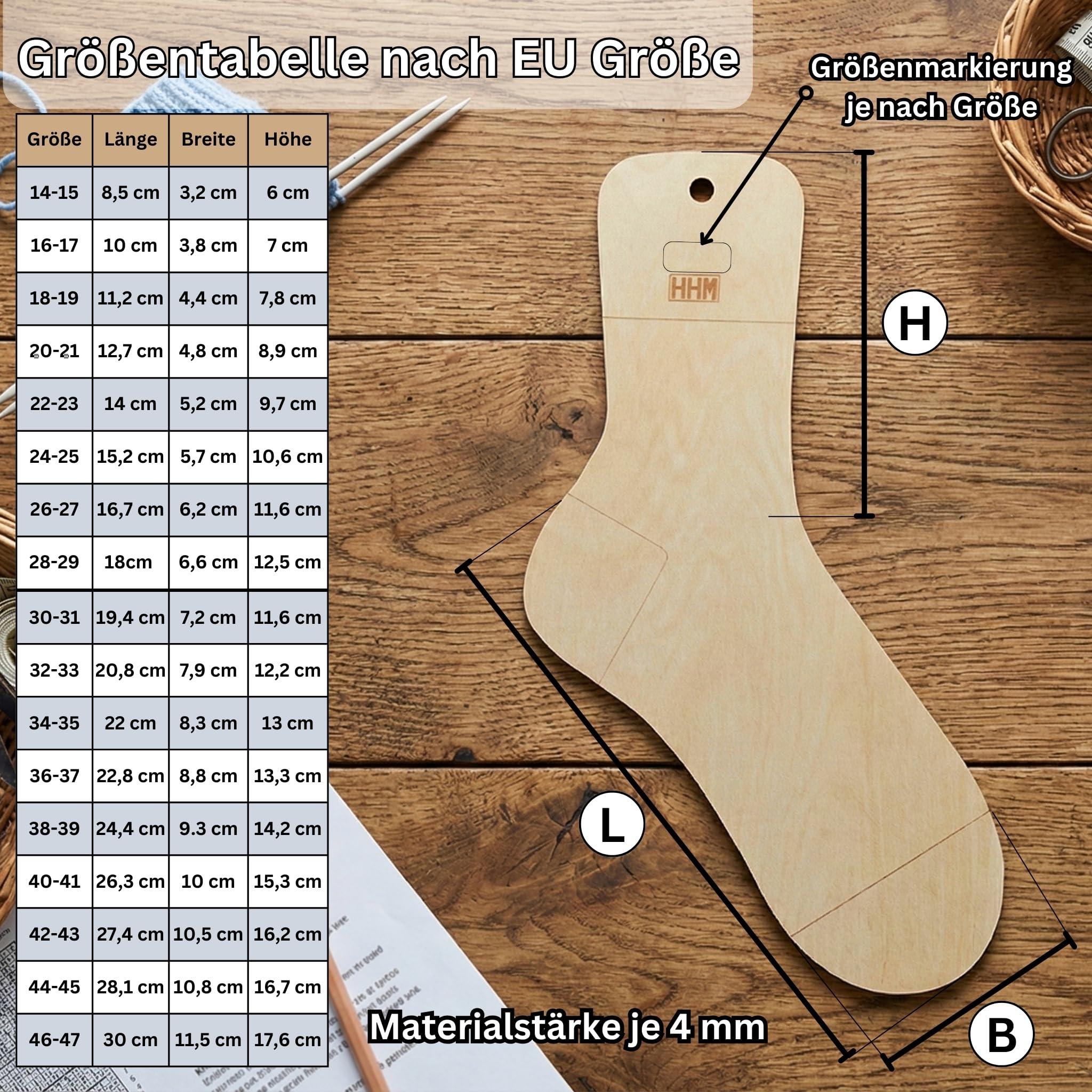 HHM® Sockenbretter mit Größenangabe Sockenlineal zum Stricken. Sockenspanner/Sockenschablone mit Größenangabe. Sockenblocker als Strickhilfe (14-47)