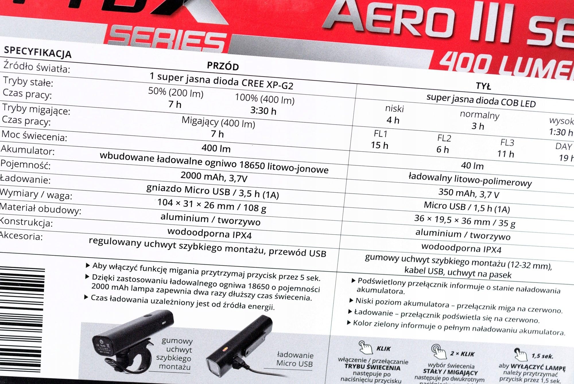 PROX AERO, Avant et Arrière, Kit De Lumières De Vélo, Noir, Imperméable, Aluminium/ABS, USB, 108g/36g, Support Universel 12-32mm, 104x31x26mm/36x36x19.5mm, 3/6 Modes, 400lm/40lm