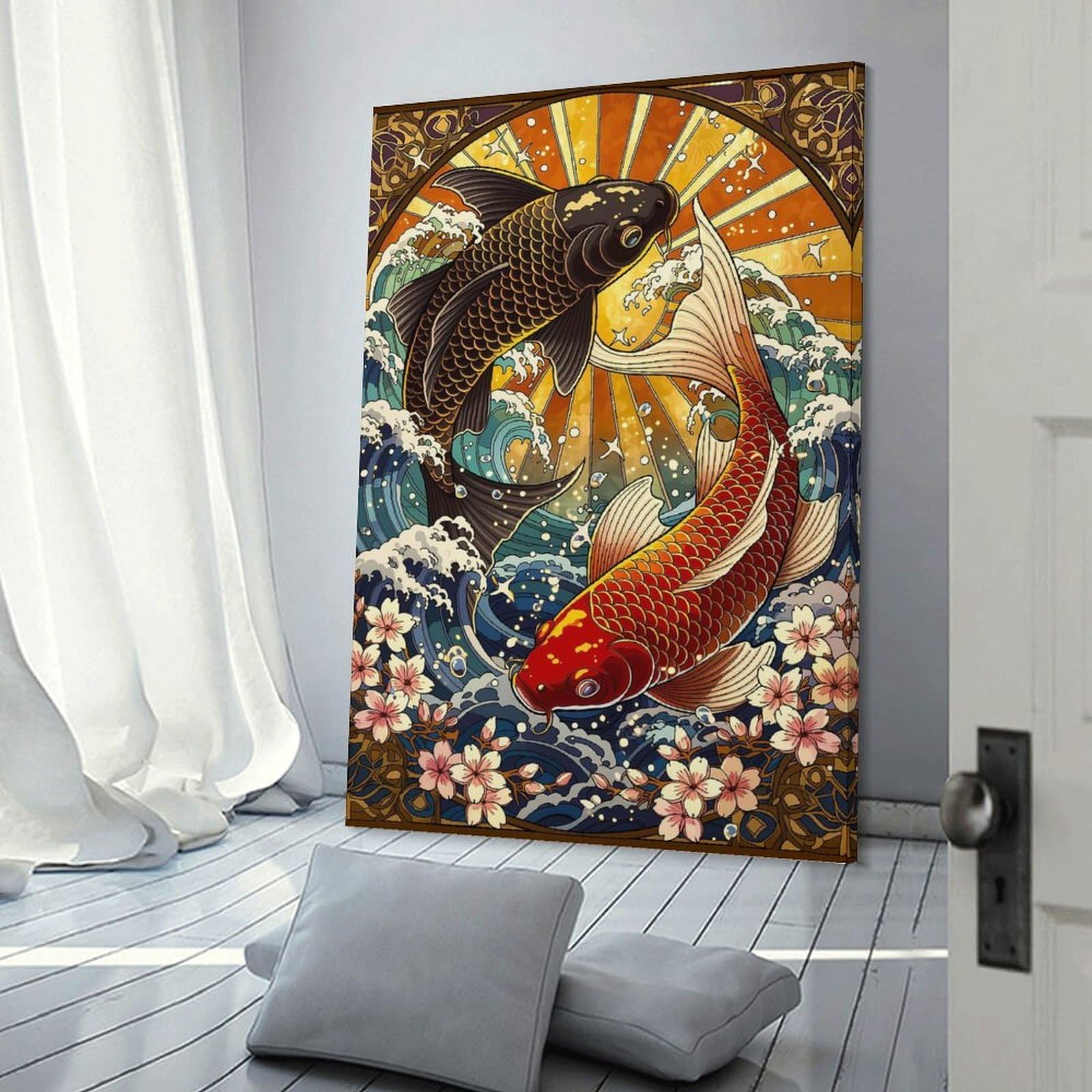 Junmoney Frame-Style-6 Decorative Wall Artwork Koi Fish And Cherry Blossoms, 12X18inch(30X45cm), For Contemporary Homes, Apartments Or Offices, An Easy Choice For New Home Styling
