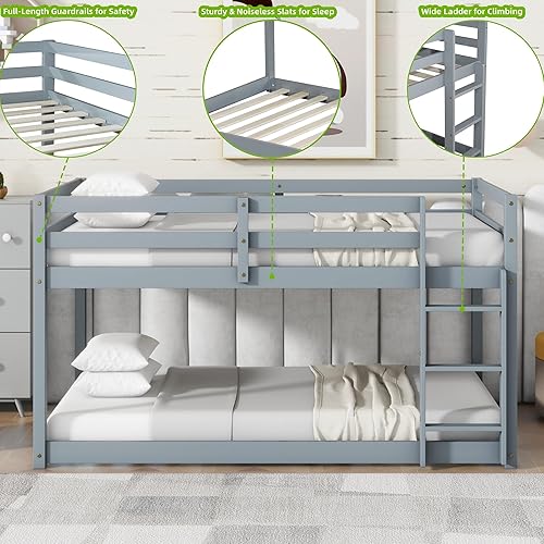 Miniatura 75 de Litera baja individual sobre individual, base de cama de madera maciza con escalera y barandillas de seguridad, literas individuales para niños y