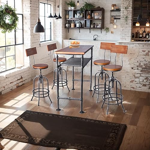 Miniatura 9 de LOKKHAN Taburete de bar industrial de 26 a 32 pulgadas, ajustable, giratorio, de madera, metal, taburete de cocina, rústico, altura de bar, extra