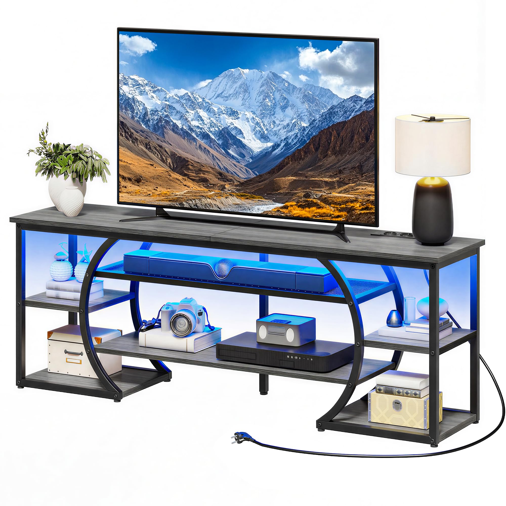 YITAHOME Meuble TV sur Pied de 160 cm avec 2 Prises AC et 2 USB pour téléviseur jusqu'à 70" avec 7 LED RVB 22 Modes d'éclairage Centre de Divertissement pour Salon et Chambre à Coucher Gris Rustique